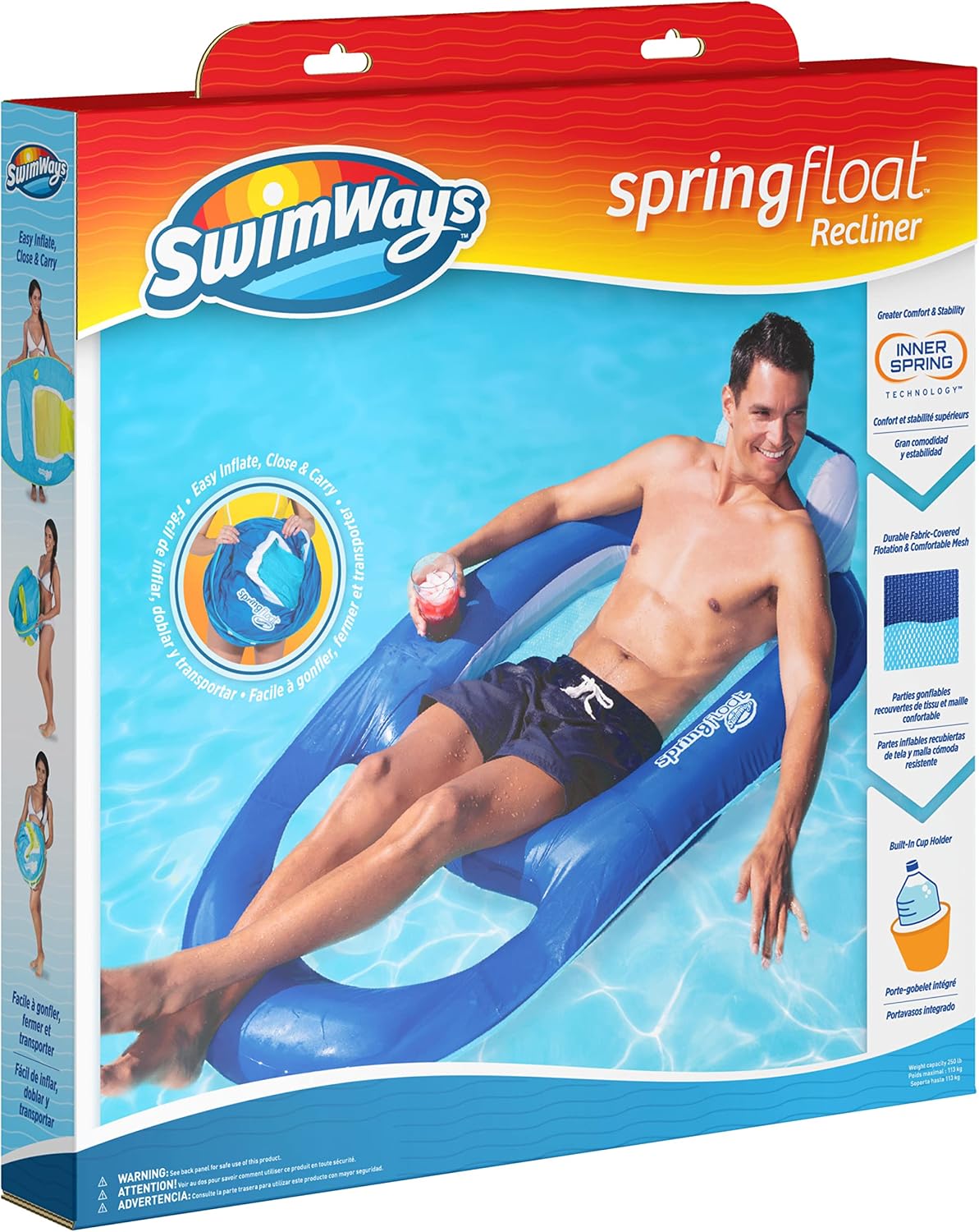 SwimWays Spring Float Recliner 6060700 Water Buoyant Summertime Relaxation Comfort Lounge Seat with Cup Holder for Pool Lake Beach Pond River Island