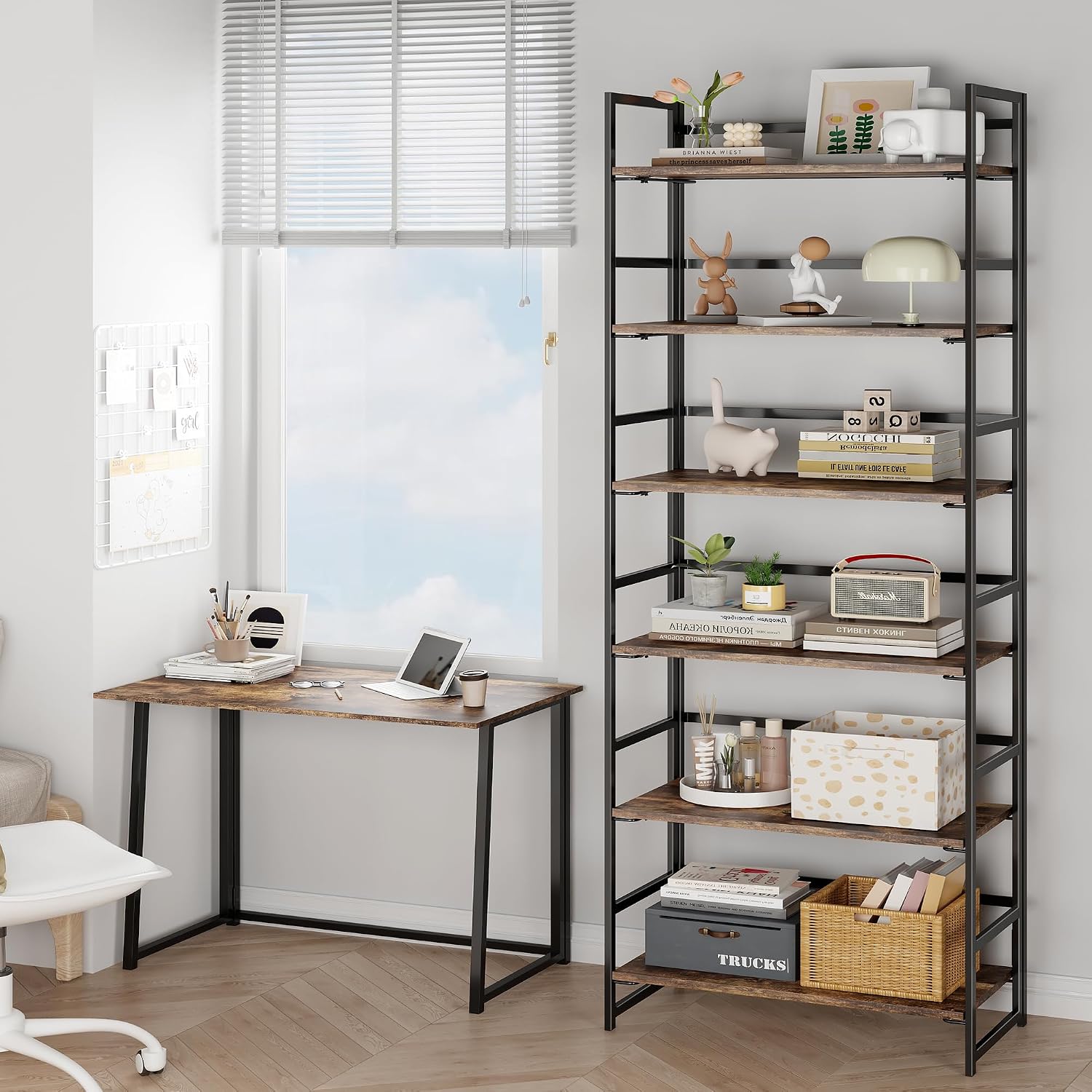 Vintage Multifunctional Folding Bookshelf, No-Assembly Plant Stand Storage Rack Shelves for Home Office (Fire, 5-Tier)