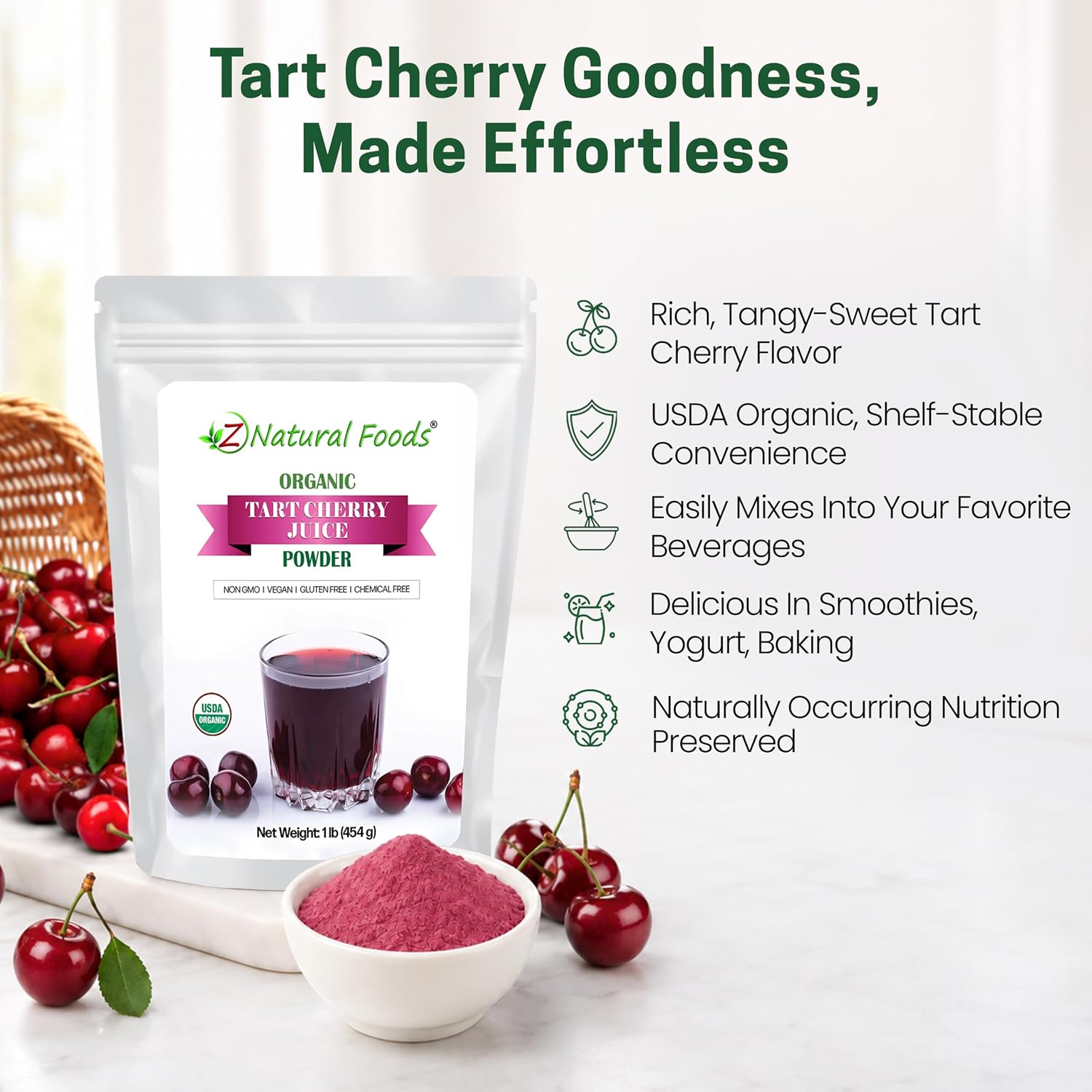 Z Natural Foods Organic Tart Cherry Juice Powder - Vegan, Kosher, 1 lb