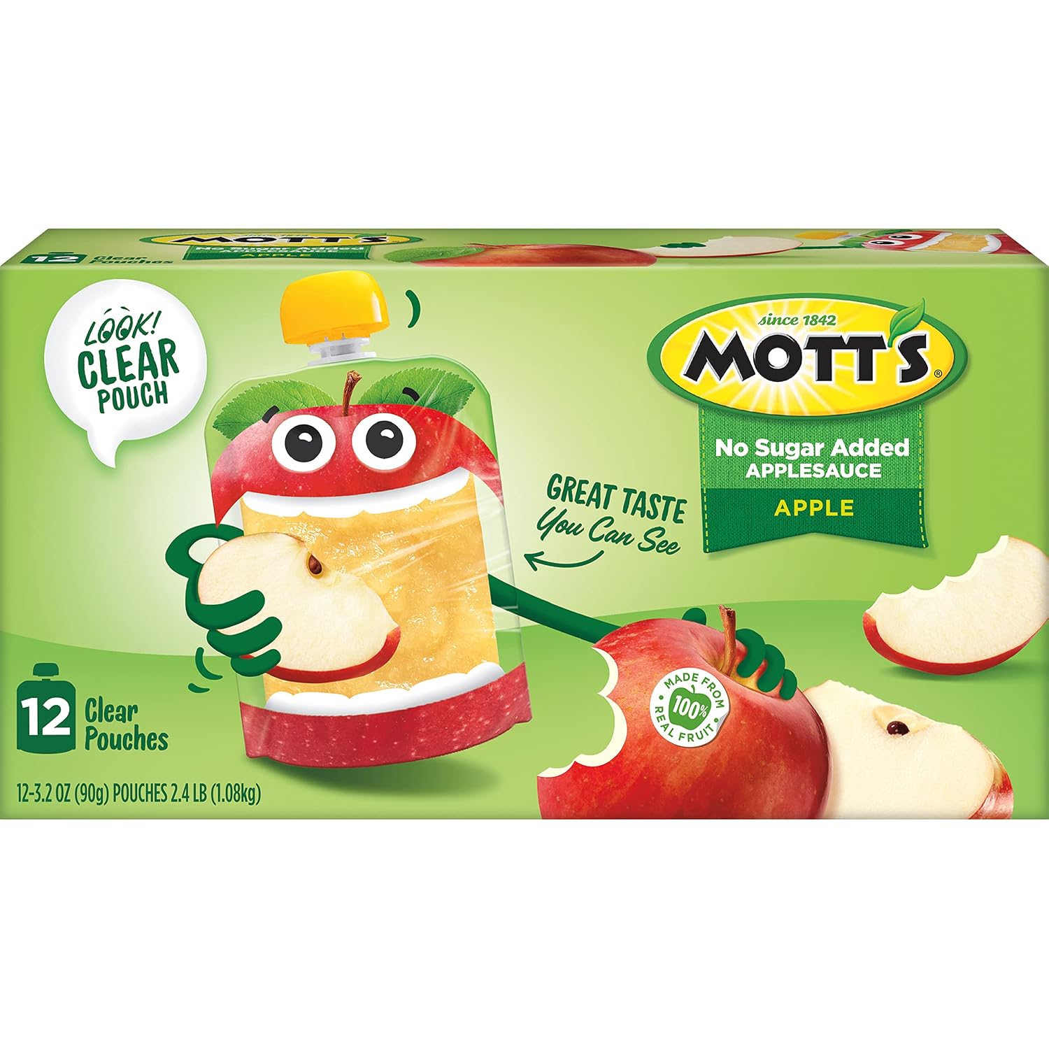 Mott's No Sugar Added Applesauce, 3.2 Oz Clear Pouches, 48 Count (4 Packs Of 12), Good Source Of Vitamin C, No Artificial Flavors
