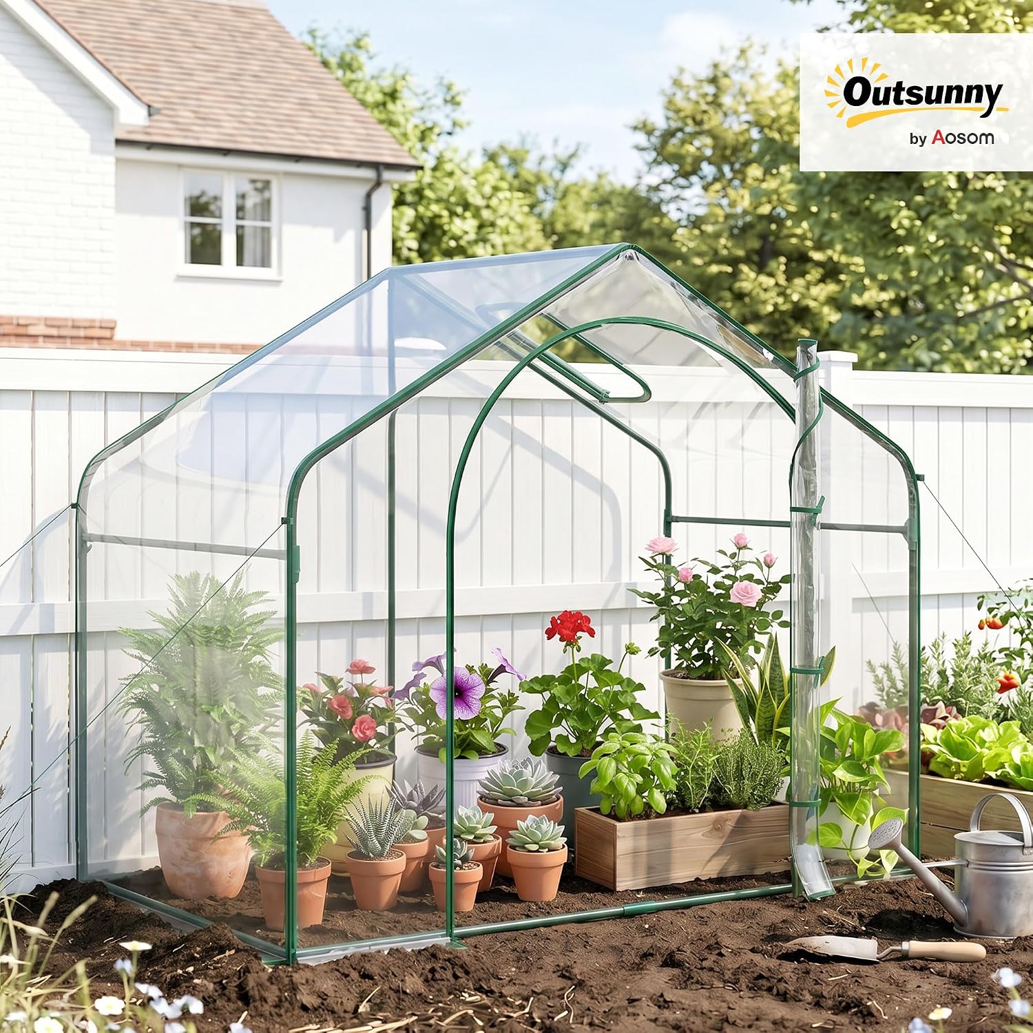 Outsunny 6' x 3' x 5' Portable Walk-in Greenhouse with Plastic Cover Clear | Steel Frame Garden Hot House, Zipper Door, Top Vent, for Flowers