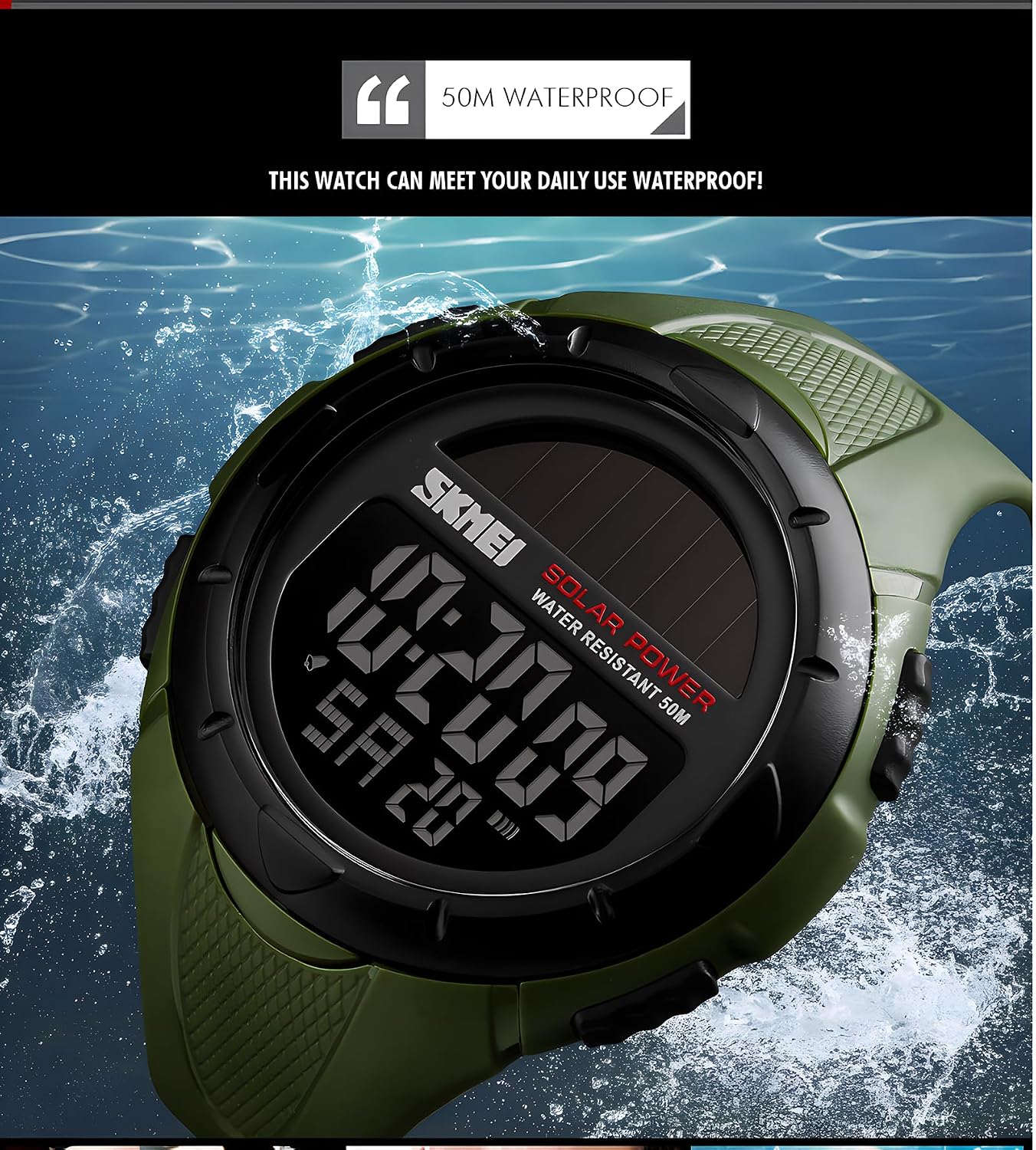 Gosasa Men's Outdoor Sports Multifunction Solar Power LED Digital Watches 50M Water Resistant (Black)