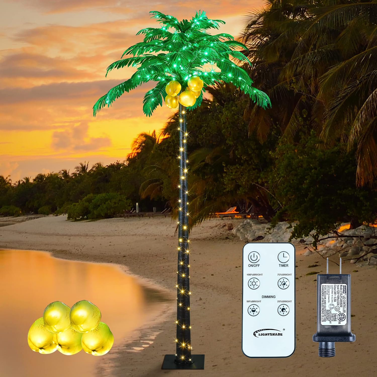Lightshare 7 Feet Palm Tree 152LED Lights Artificial Fake Tree Decoration for Tiki Bar Outside Patio Porch Pool Christmas Nativity