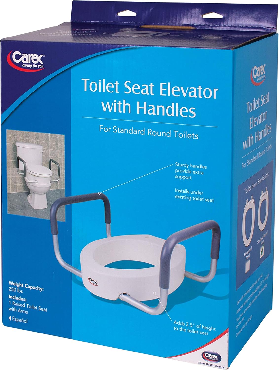 Carex 3.5 Inch Raised Toilet Seat with Arms, Round Toilet Seat Riser, 300 lbs Capacity, Elevating and Raising Seat for Elderly and Handicap, Universal