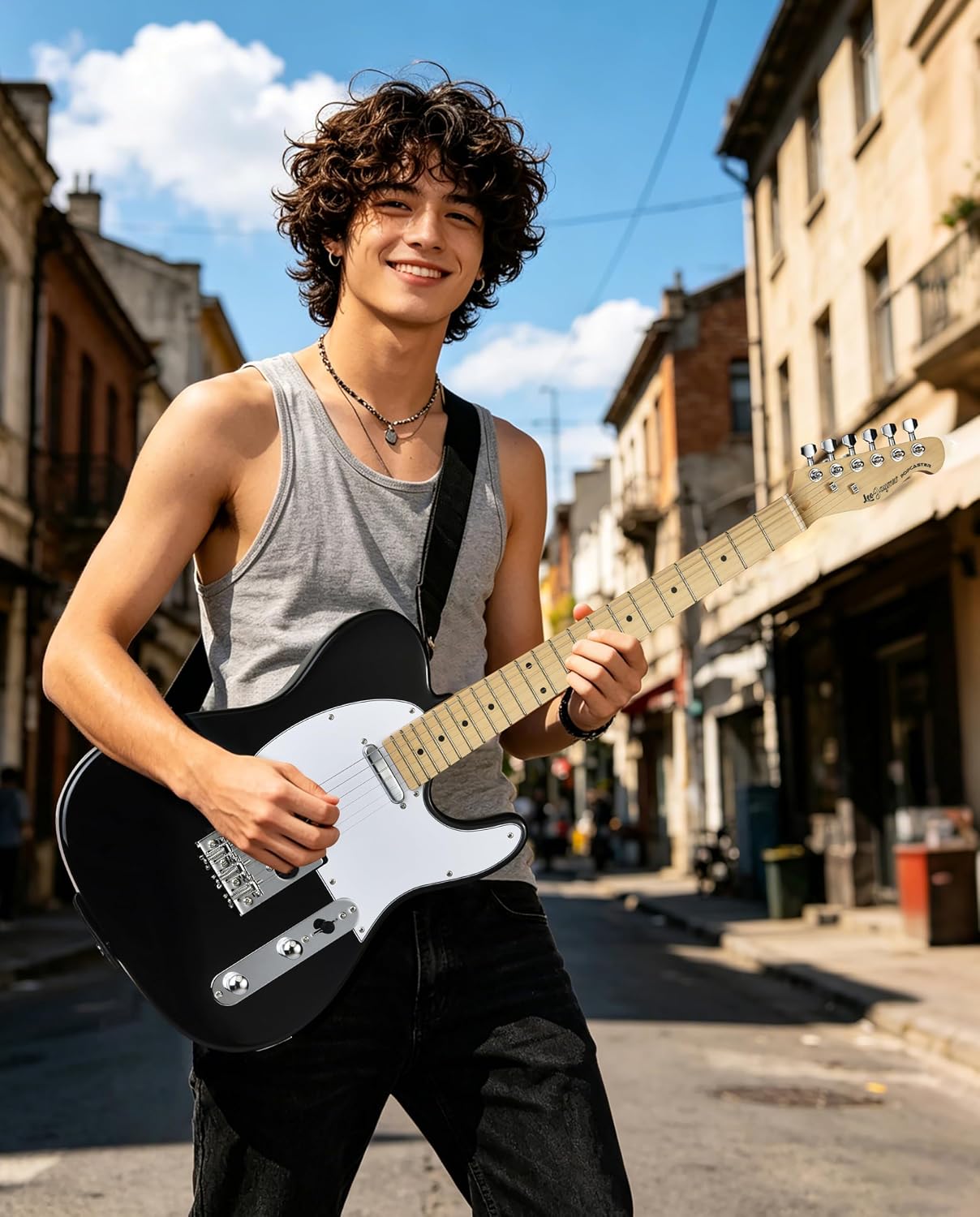 Leo Jaymz Beginner Electric Guitar Complete Kit with Portable Amp, Padded Gig Bag & Full Accessories, Maple Neck (TL-White)