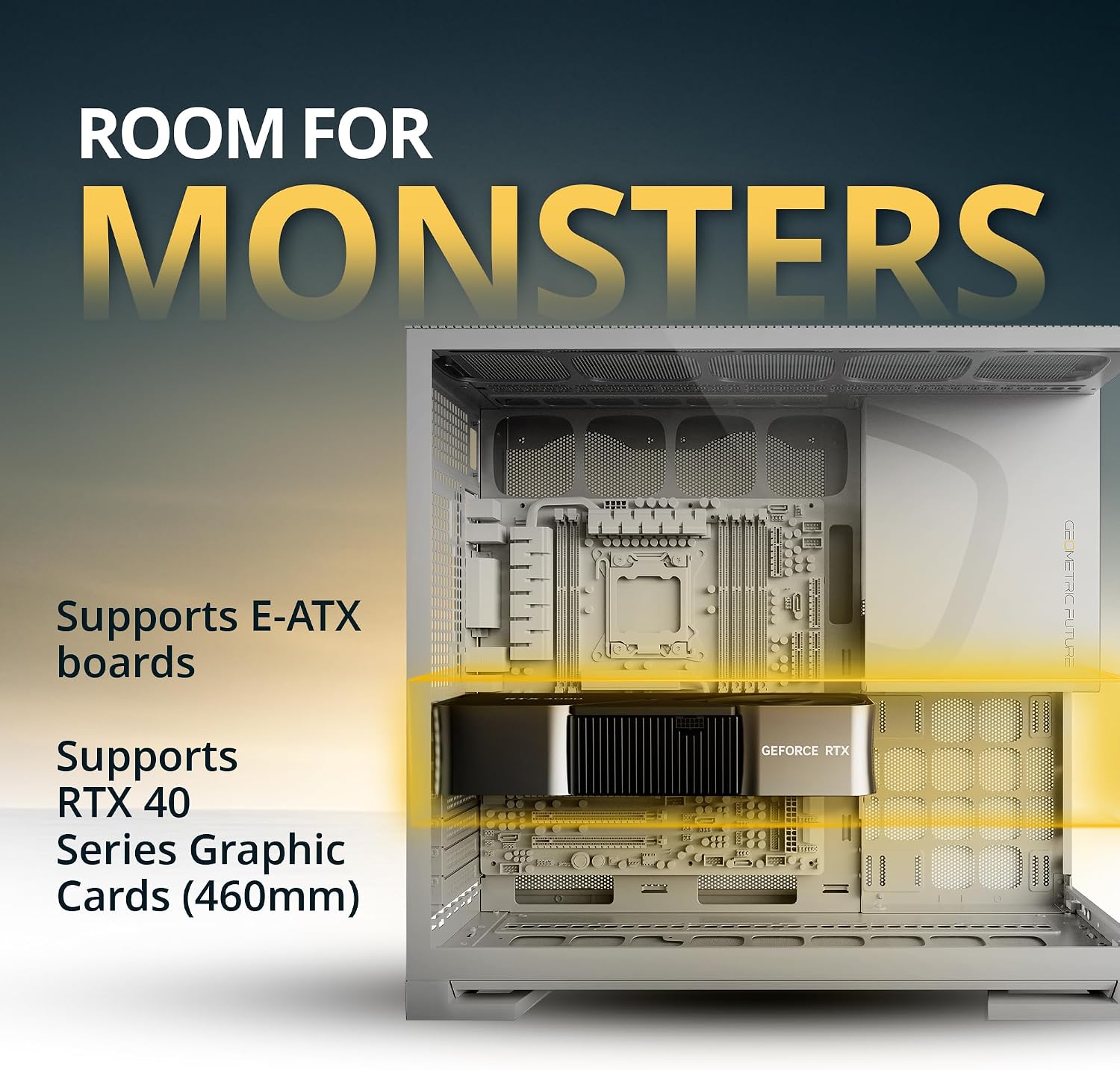Geometric Future M5 Tempered Glass Mid Tower, E-ATX/ATX Gaming Case, 1.2mm Steel, Type C, Toolless Panels, Support 420/360 Radiator, ARGB PWM 140m Fan x 5 Pre-Installed, Black/Yellow, GEO-M5F-BY
