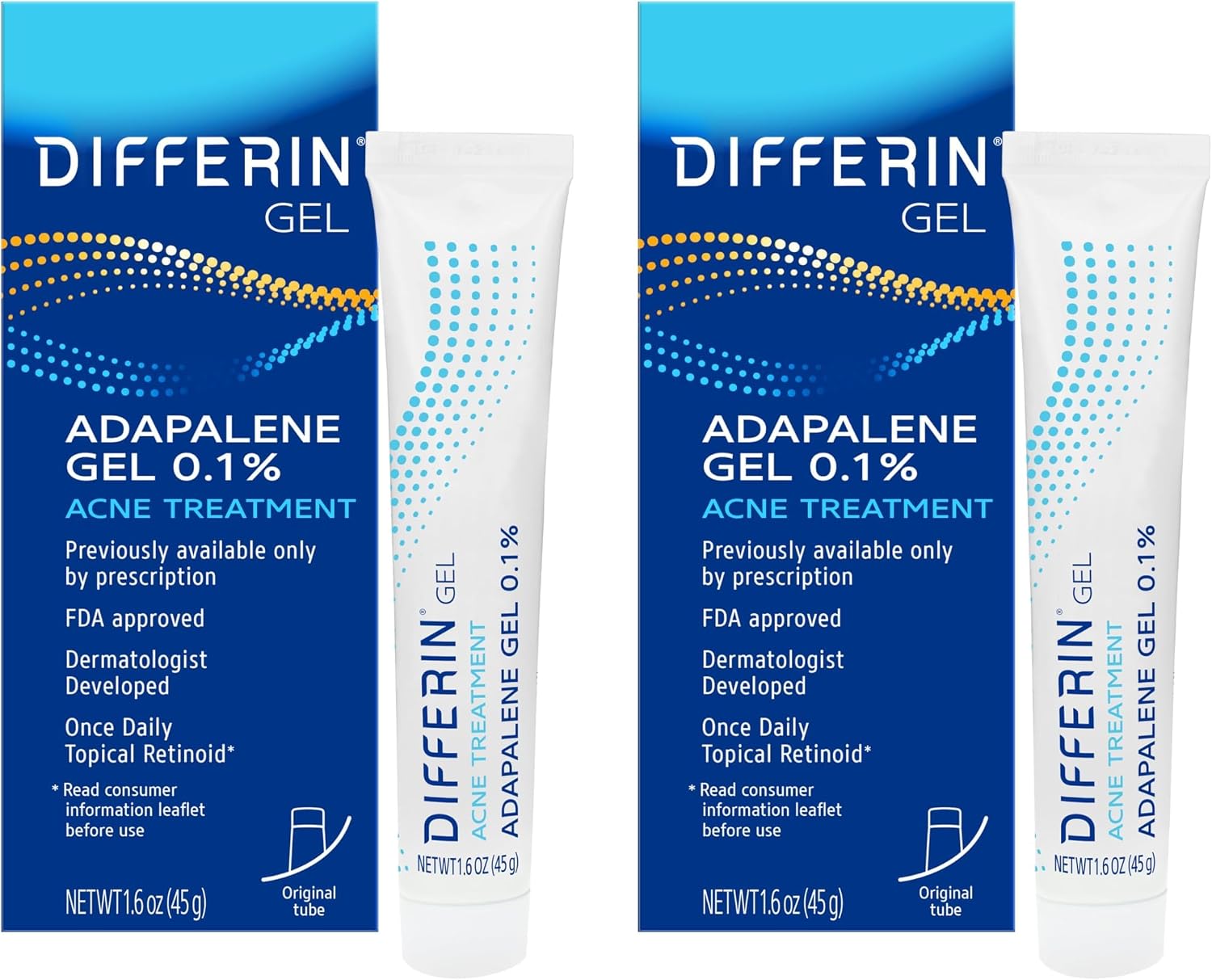Differin Acne Retinoid Treatment Gel, 0.1% Adapalene, 45g Tube, 2ct