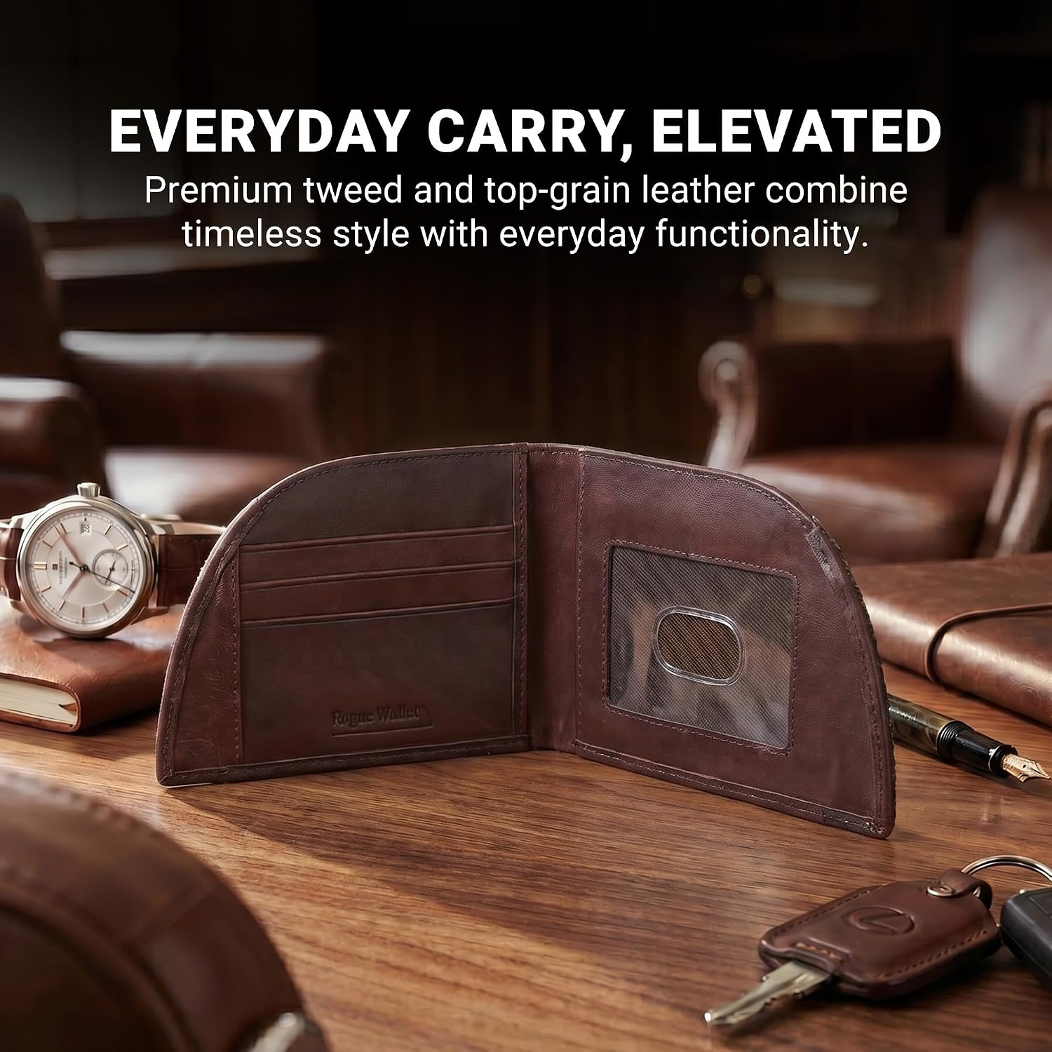 Genuine Bison Leather Wallet for Men, RFID Slim, Brown | Genuine bison leather wallet for men with RFID blocking and curved front pocket fit. Rugged slim everyday carry, brown.