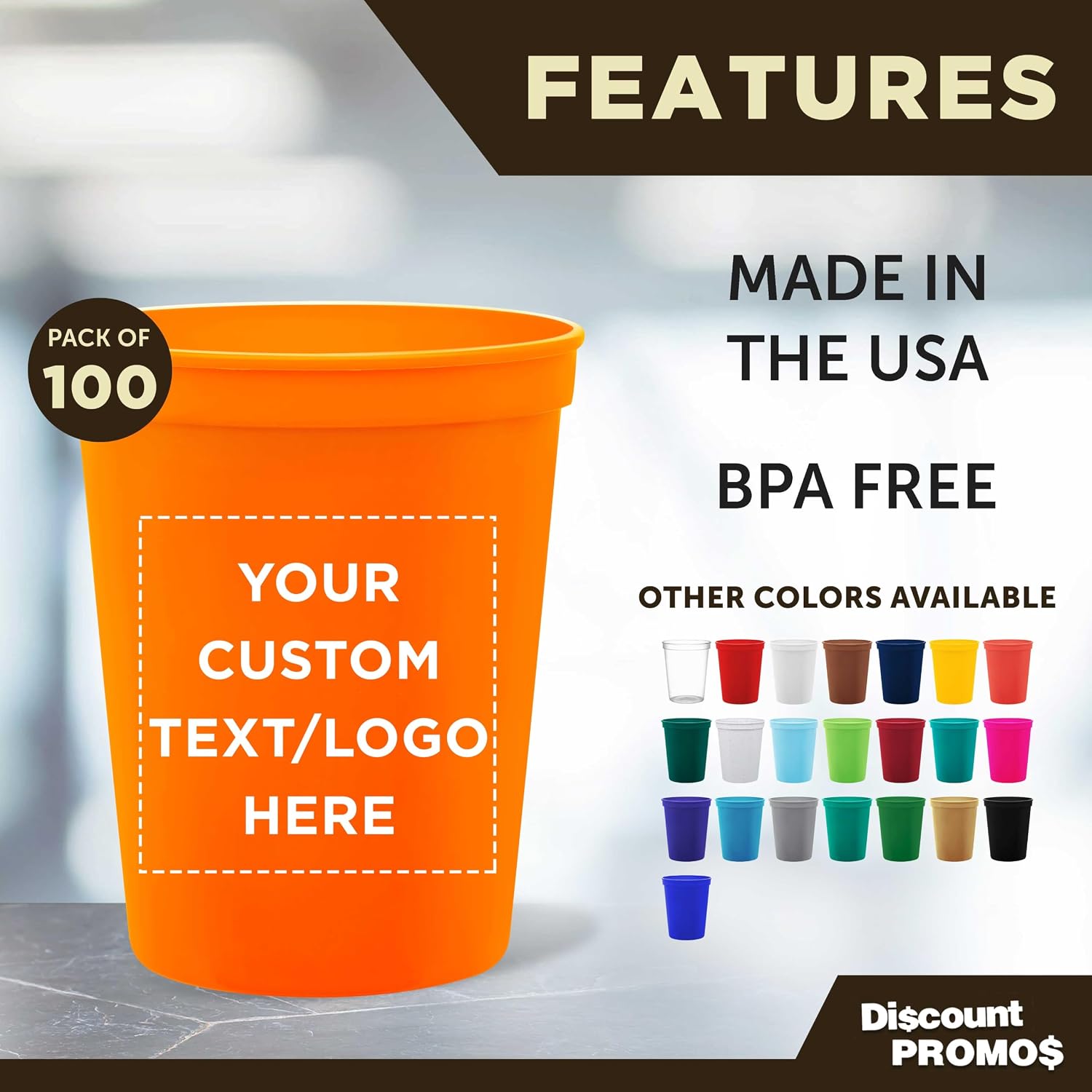 DISCOUNT PROMOS Custom Plastic Stadium Cups 16 oz. Set of 10/50/100, Personalized Bulk Pack - Perfect for Birthdays, Weddings, Picnic, Beach