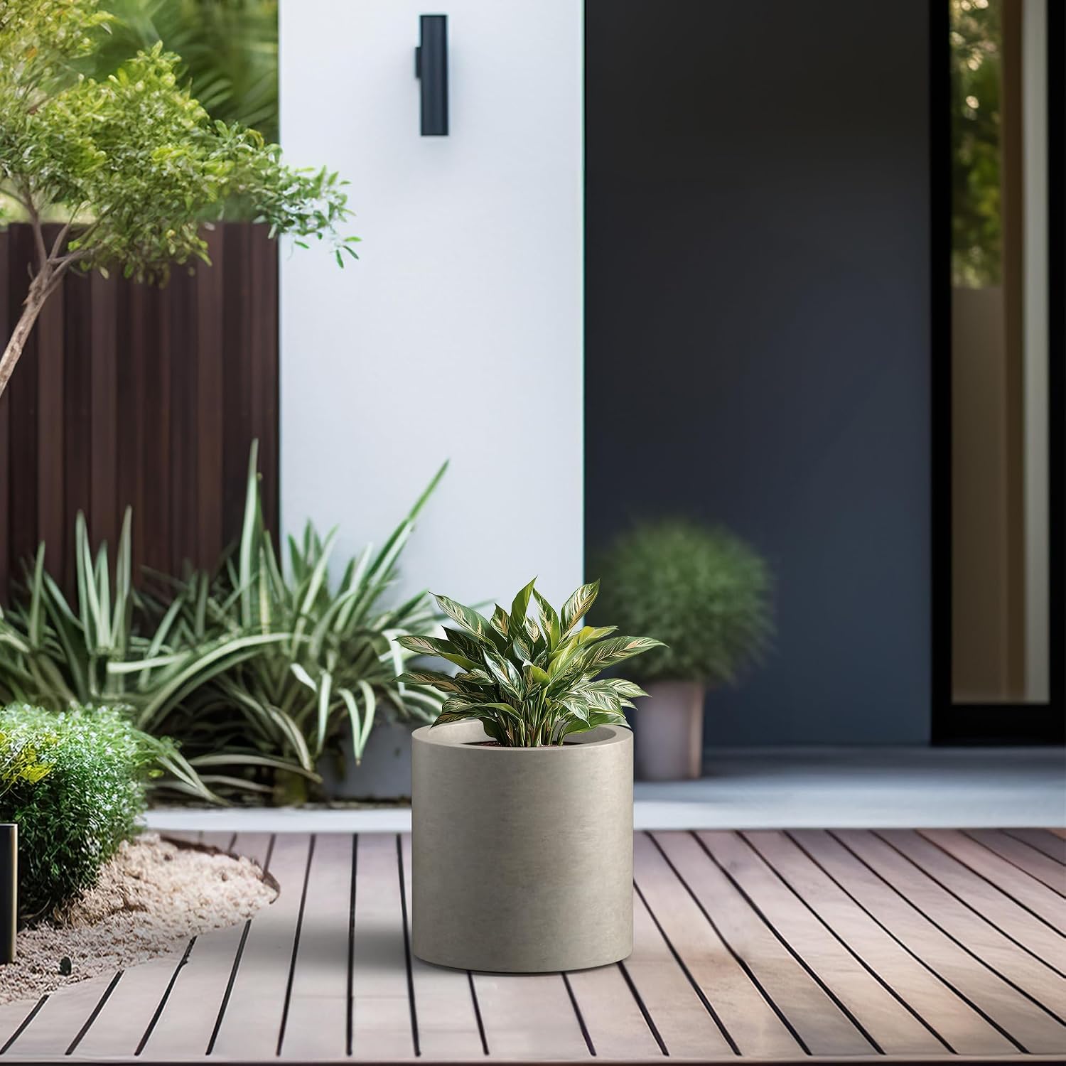 Kante Large Round Cylinder Charcoal Concrete Planter 15.8" Tall, Outdoor