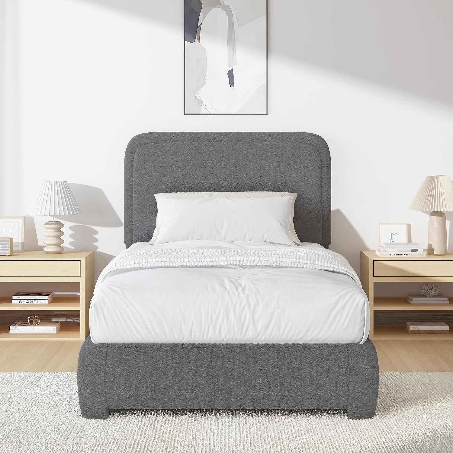 BarnFurin Full Bed Frame, Cloud Boucle Headboard, Rounded Corners, White | Soft boucle and rounded edges create a low-profile cloud look. Wooden slats support the mattress without a box spring