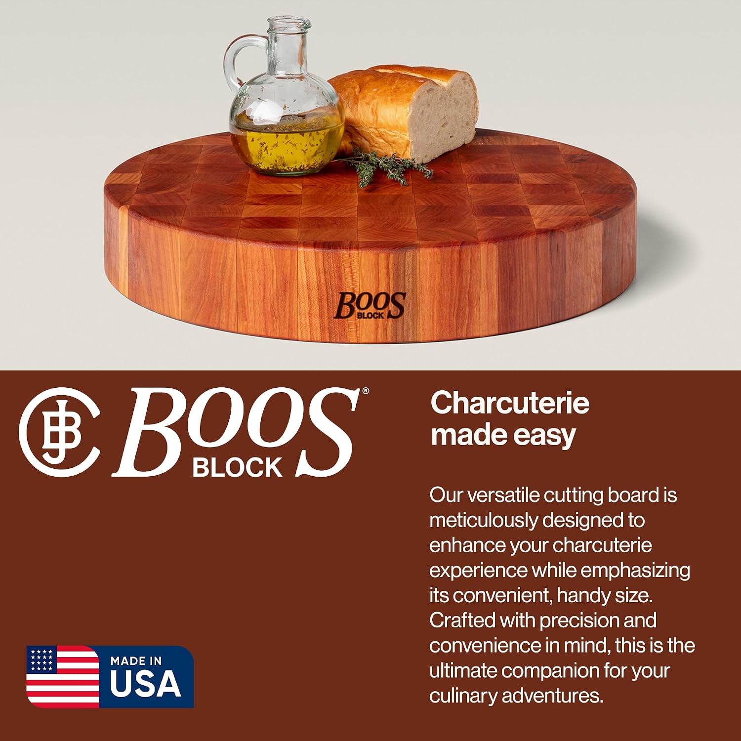 John Boos CCB Series Round Wooden Maple Cutting Board 18”x18” – 3” Thick, 22-lb Non-Reversible Butcher Block with End-Grain – Made in the USA
