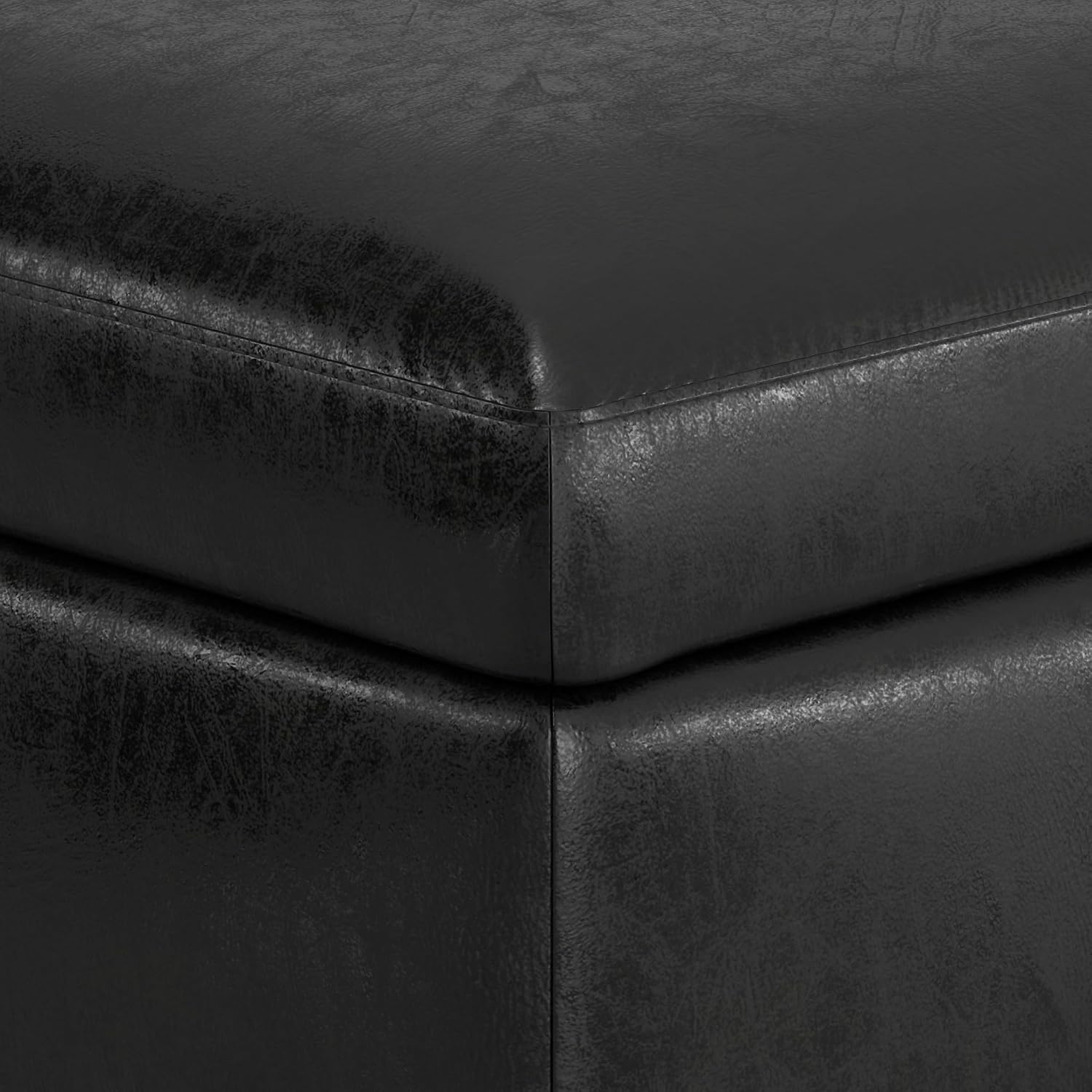 SIMPLIHOME Owen 34" Wide Vegan Leather Lift Top Ottoman in Dark Blue
