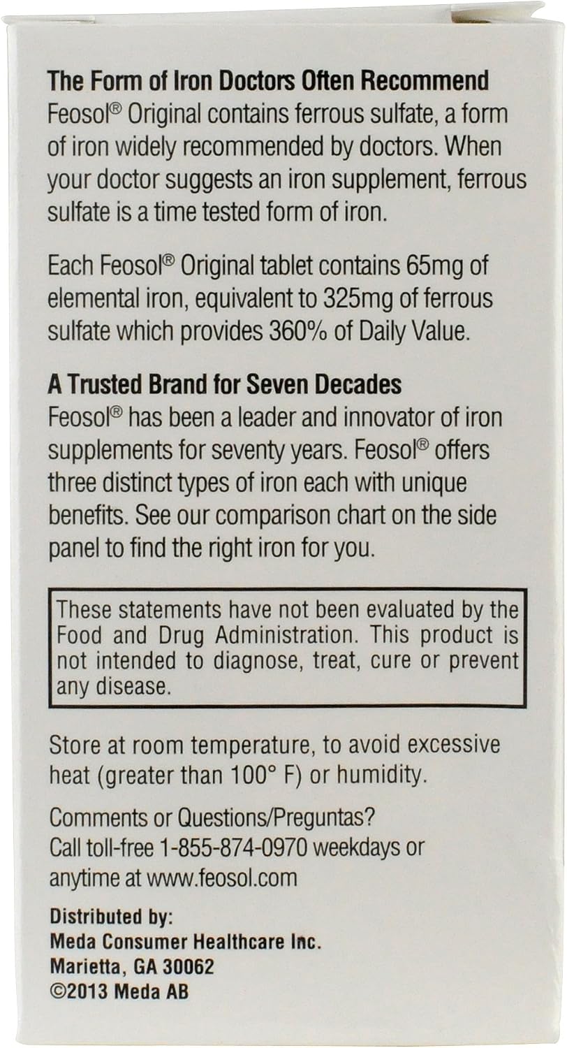 Feosol Original Iron Supplement Tablets, Non-heme, 65mg Iron per Pill, 1 Per Day, 120ct, 4 Month Supply, for Energy and Immune System Support, Made in USA