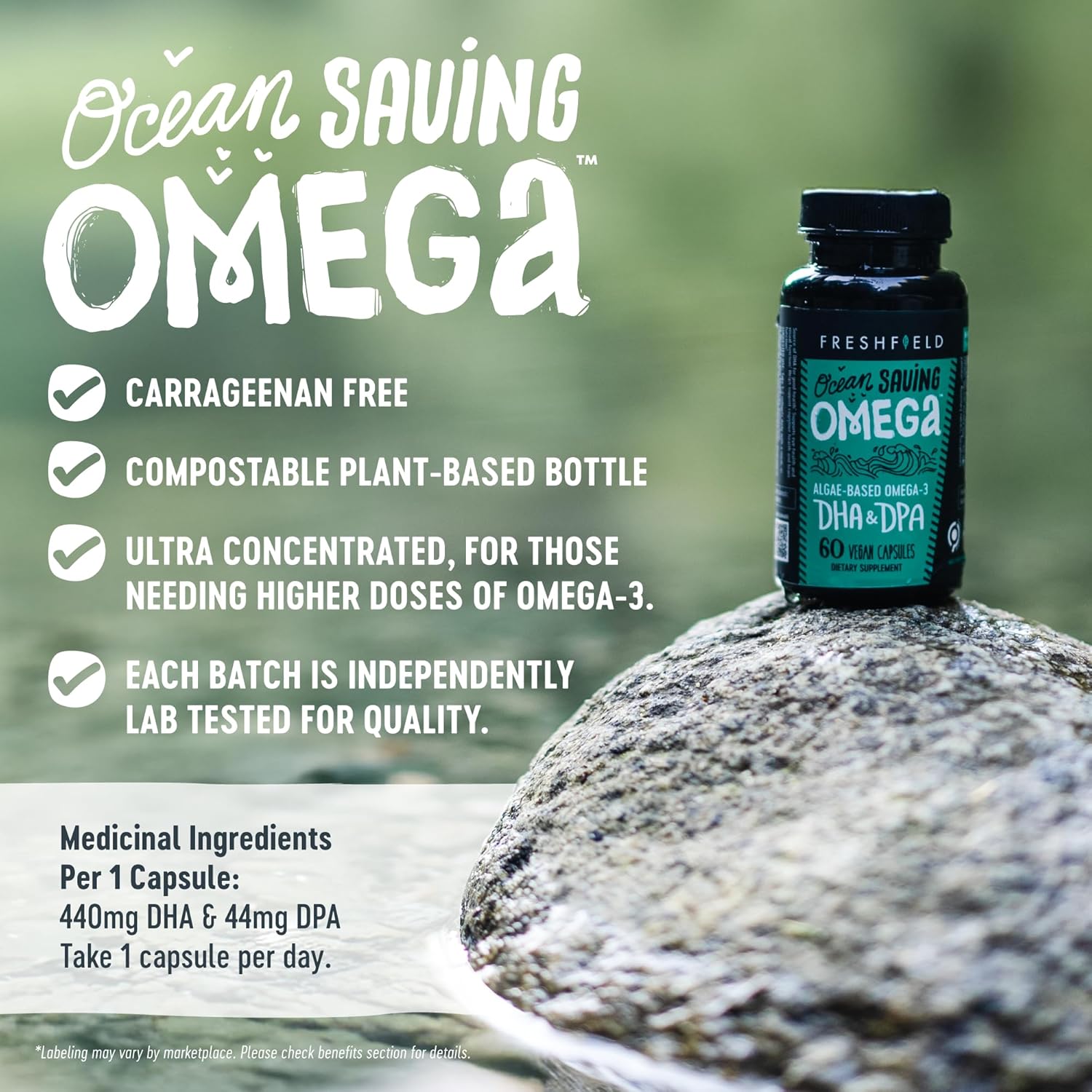 Freshfield Vegan Omega 3, Algae (Algal) Oil, Fish Oil Free Company, Third Party Tested, Carrageenan Free, DHA Supplement w/DPA, Plant Based Omega. Supports Heart, Brain, Joint Health. Lemon Scent