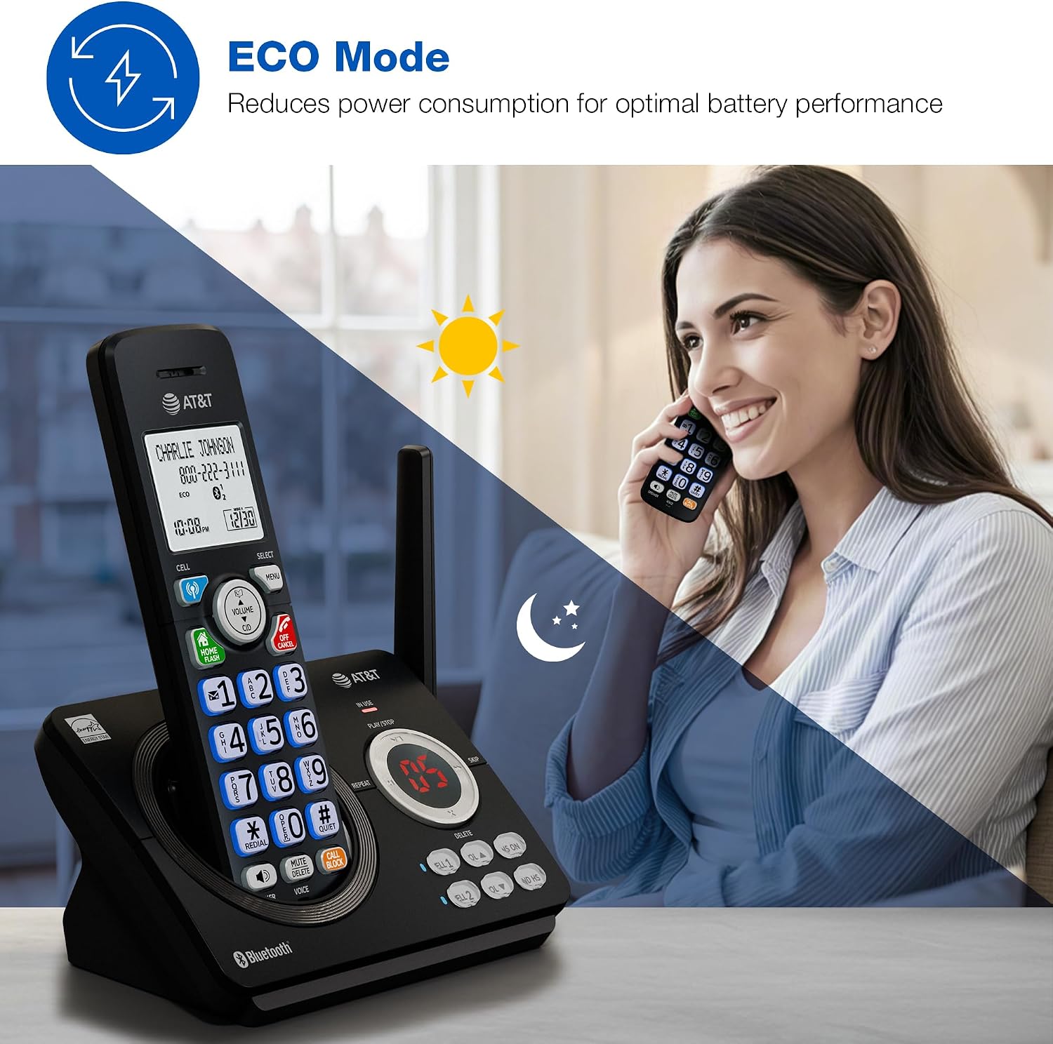 AT&T DL72219 DECT 6.0 2-Handset Cordless Phone for Home with Connect to Cell, Call Blocking, 1.8" Backlit Screen, Big Buttons, intercom