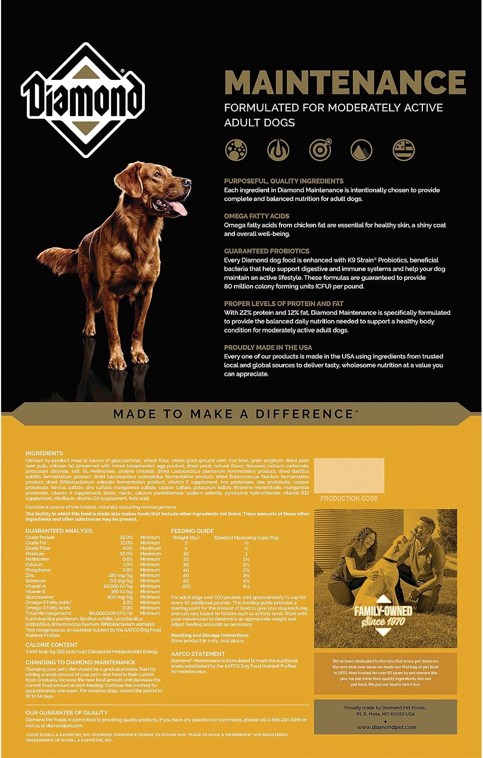 Diamond Maintenance Adult Dry Dog Food, Chicken Protein, 40lb | For Moderately Active Dogs | Omega Fatty Acids Help Support Healthy Skin & Shiny Coat | Guaranteed Probiotics