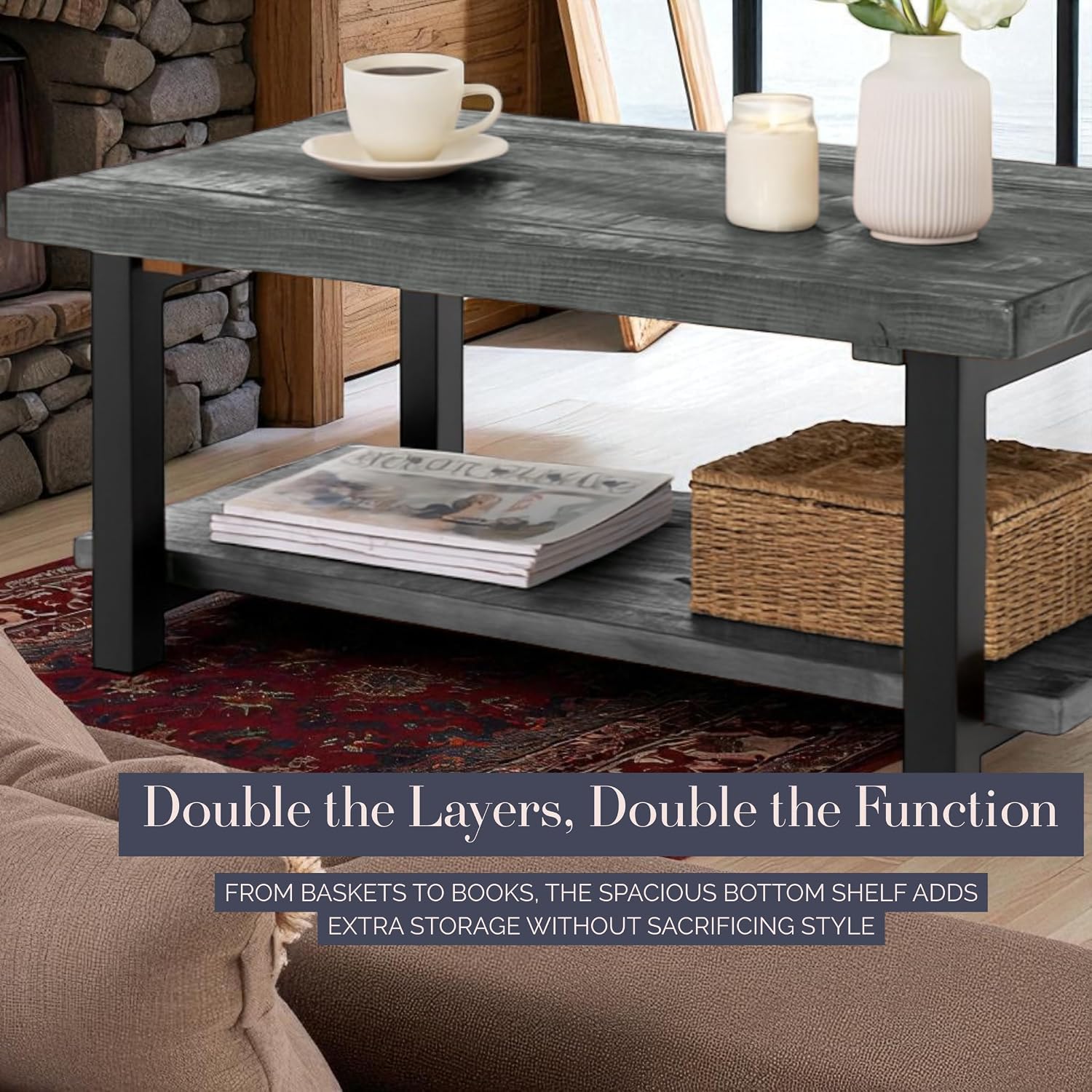 Alaterre Furniture Pomona Solid Wood 2-Tier End Table, Rustic Brown, 27” | Nightstand with Storage Shelf and Metal Legs, Industrial Farmhouse Chair Side Table for Living Room or Bedroom