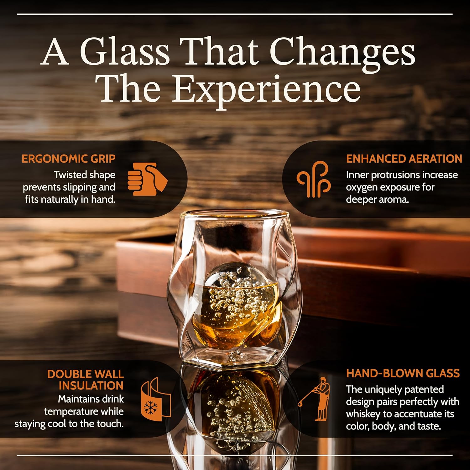 JAMES BENTLEY JB Whiskey Glasses, Set of 2 + 2 Slow-Melting Ice Ball Molds | Hand-blown insulated 6oz double-wall borosilicate glass, bourbon
