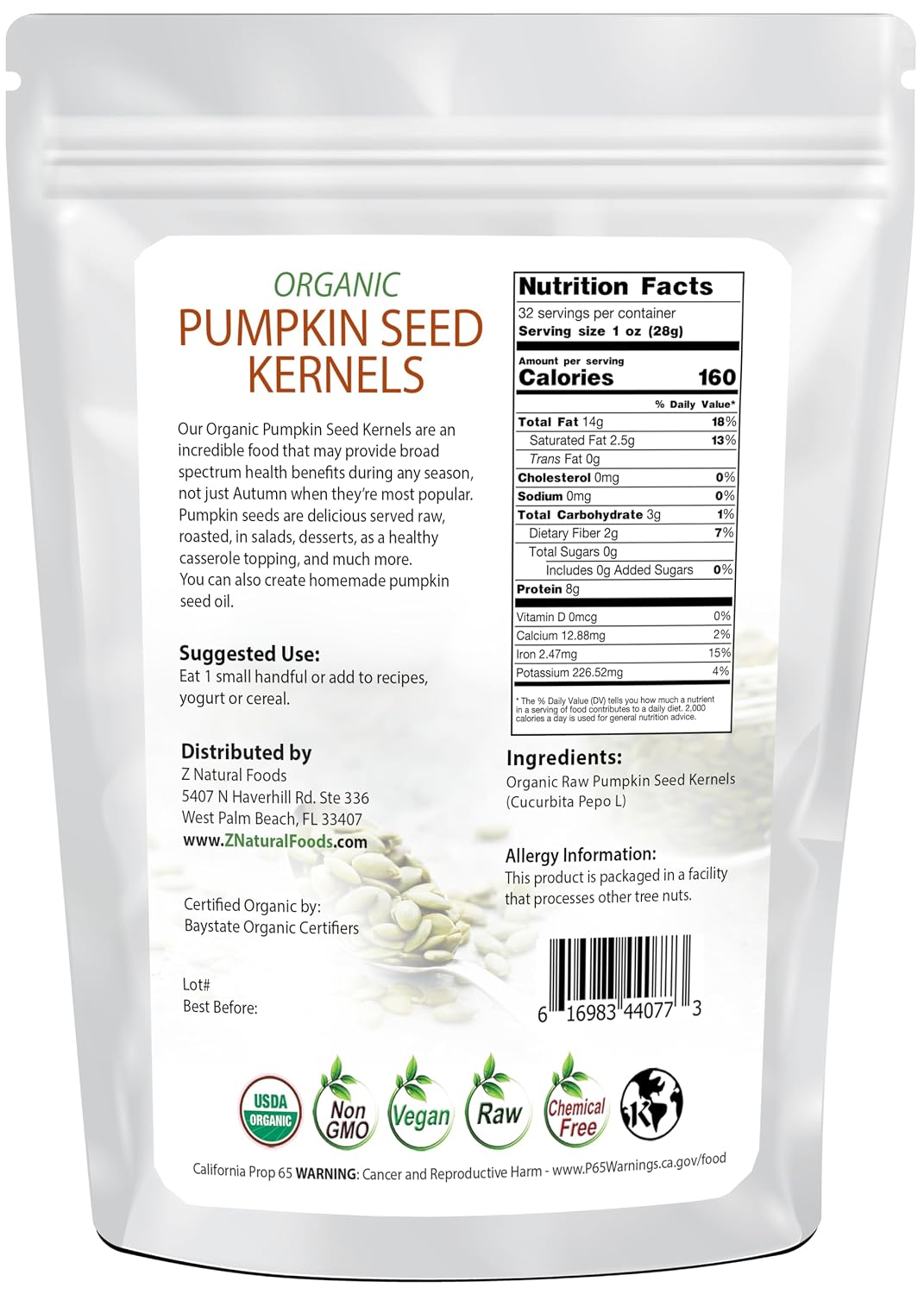 Z Natural Foods Organic Raw Pumpkin Seeds - Shelled Unsalted Pepitas, 2 lb
