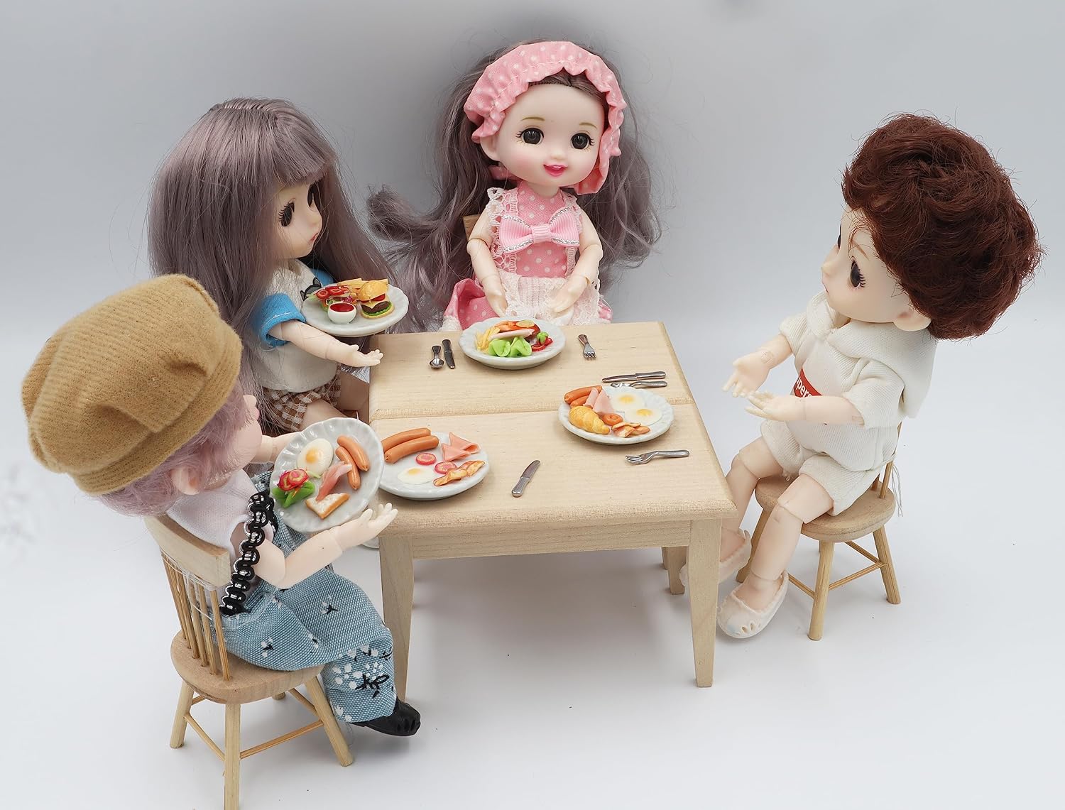Mixed 5 Assorted Breakfast Dollhouse Miniature Food Set (1/6 Scale) – Sausage, Salmon Steak, Bacon, Burger & Fried Egg on Ceramic Plates