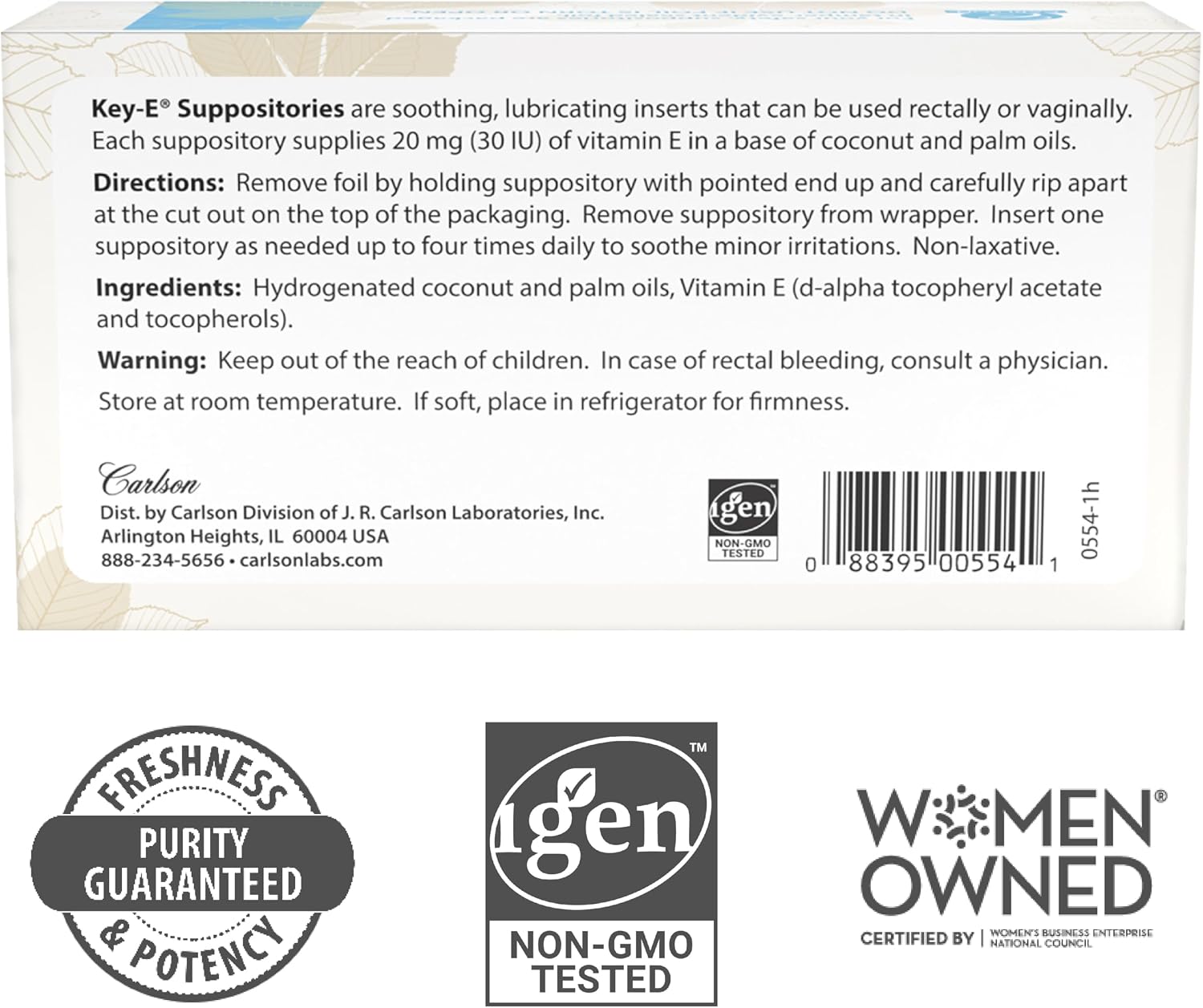 Carlson Key-E Suppositories, 30 IU (20 mg), Vitamin E Suppository, 24 Count | Lubricates Dry Areas; For Women and Men