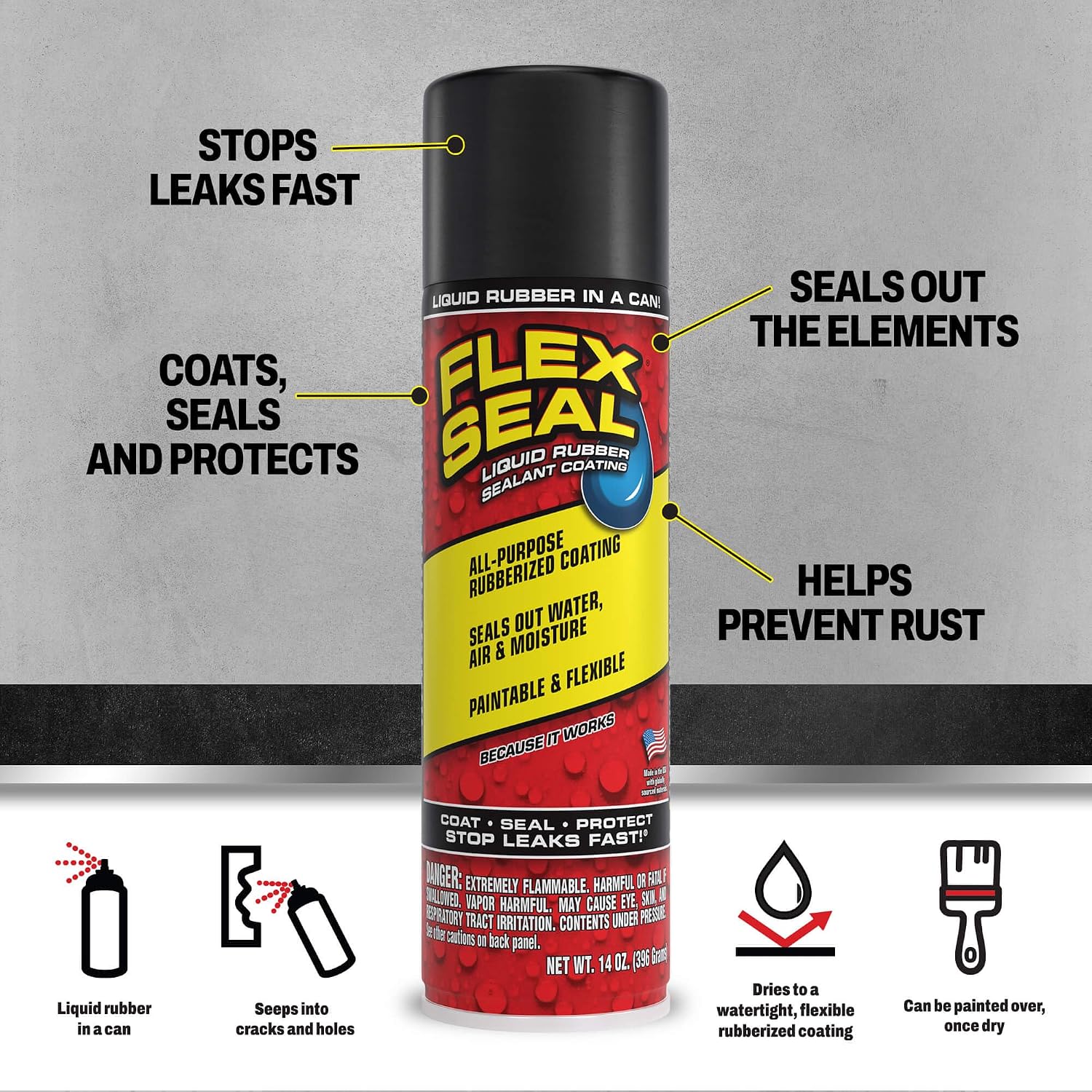 Flex Seal, 14 oz, 2-Pack, Black, Stop Leaks Instantly, Waterproof Rubber Spray On Sealant Coating, Perfect for Gutters, Wood, RV, Campers, Roof Repair, Skylights, Windows, and More