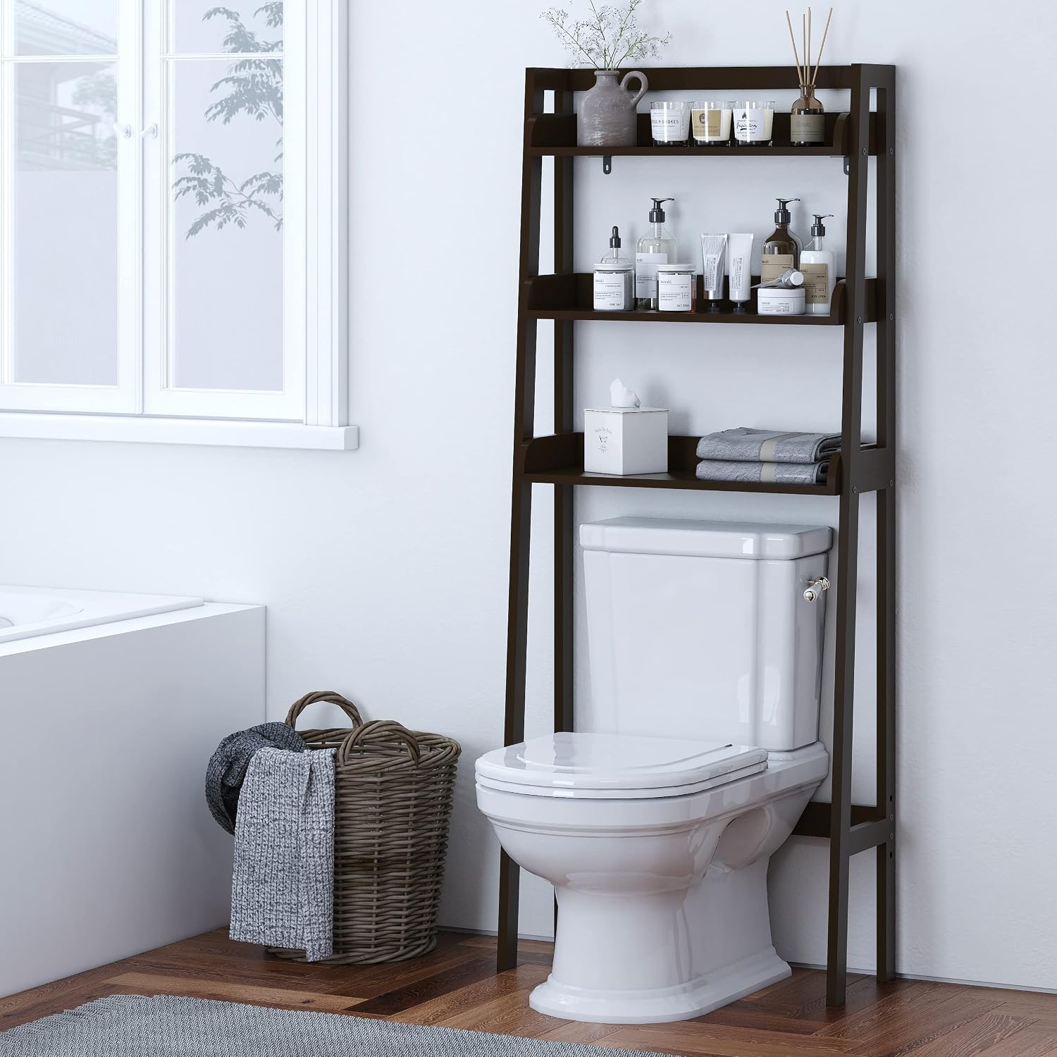 UTEX Over The Toilet Storage Shelf, 3-Tier Bathroom Organizer, White | FSC-Certified MDF, Open Ladder Design, Adjustable Lower Crossbar, Anti-tip Hardware, 33-Inch Clearance, Raised Side Guards