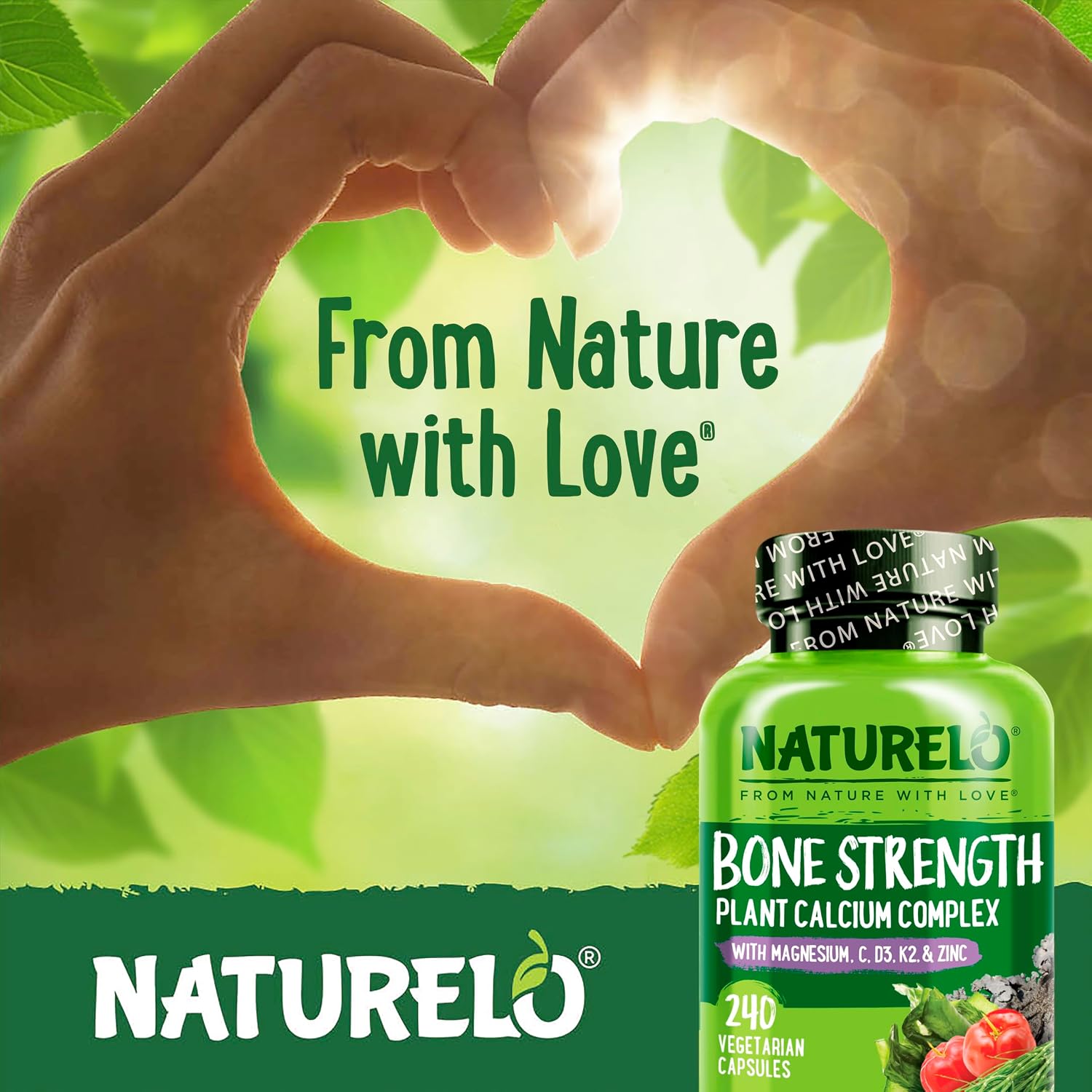 NATURELO Calcium Supplement with Vitamin C, D3, K2, 120 Vegetarian Capsules | Magnesium & Zinc for Bone Strength,Plant-Based Calcium 600mg , Non-GMO, Soy & Gluten-Free