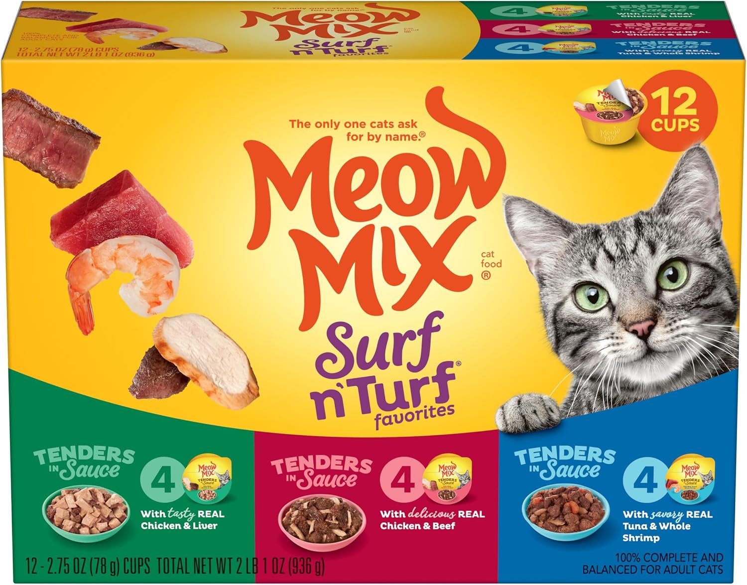 Meow Mix Tenders in Sauce, Wet Cat Food with Tuna & Whole Shrimp, 12 Cups