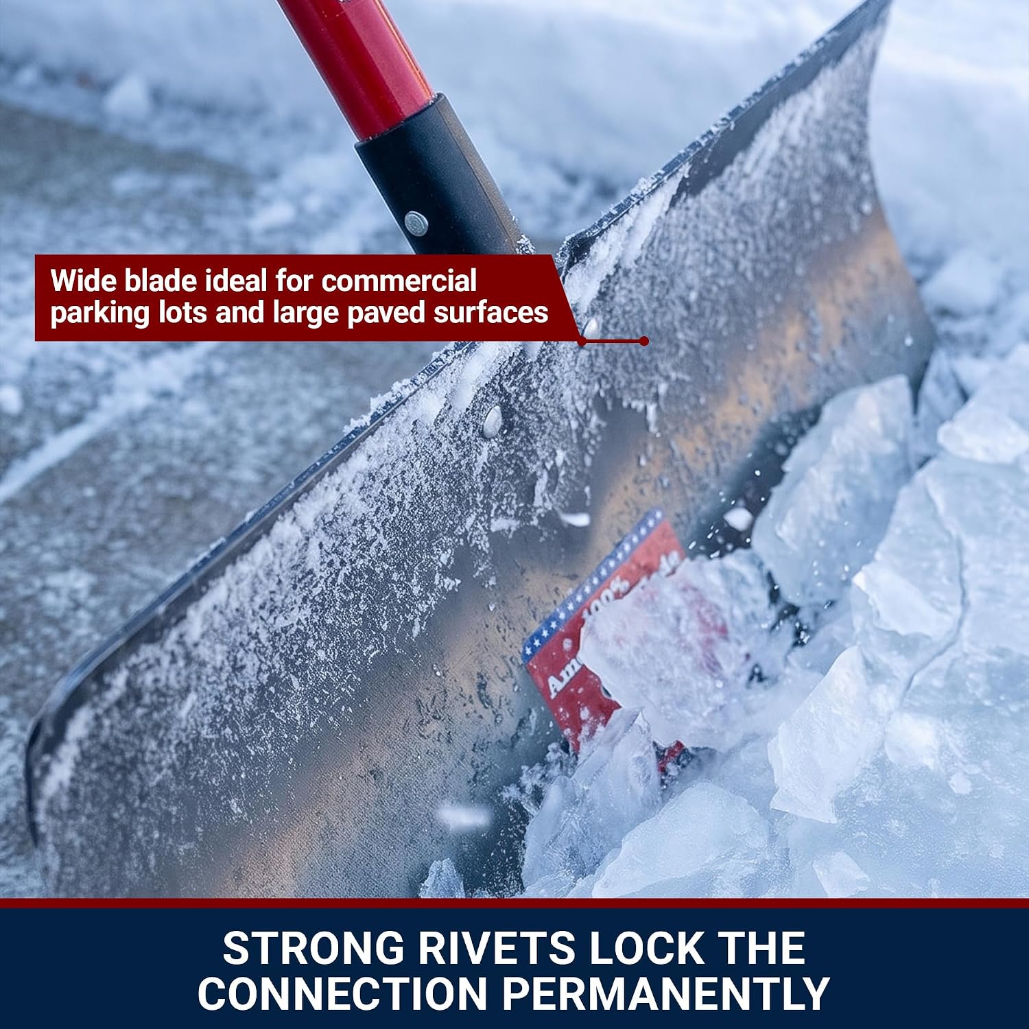 Heavy Duty Steel Snow Pusher - Extra Long Fiberglass D-Grip Handle, Durable Wide Metal Push Shovel for Driveways, Sidewalks & Parking Lots