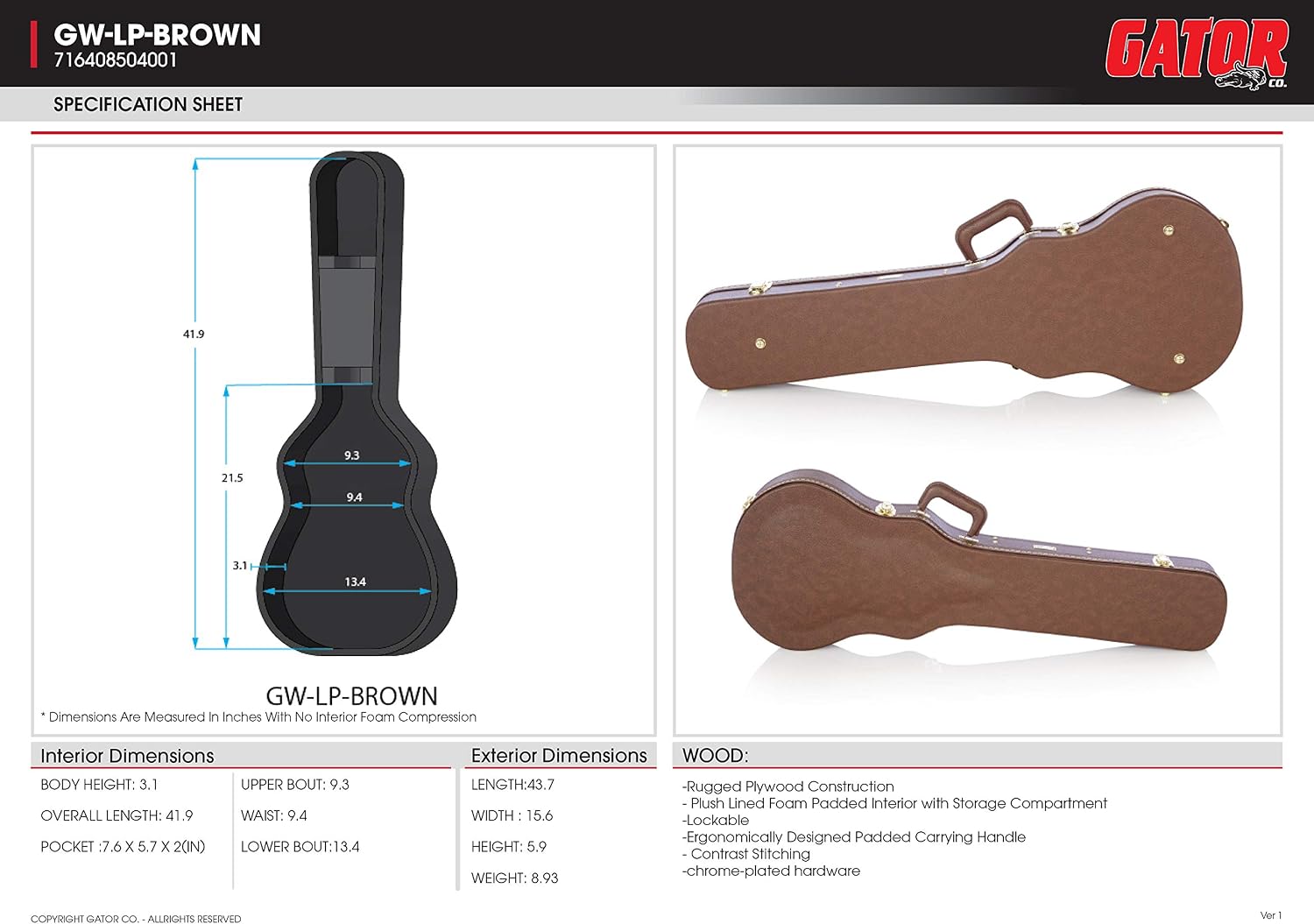 Gator Cases Deluxe Wood Case for SG Electric Guitars; Brown Exterior (GW-SG-BROWN)