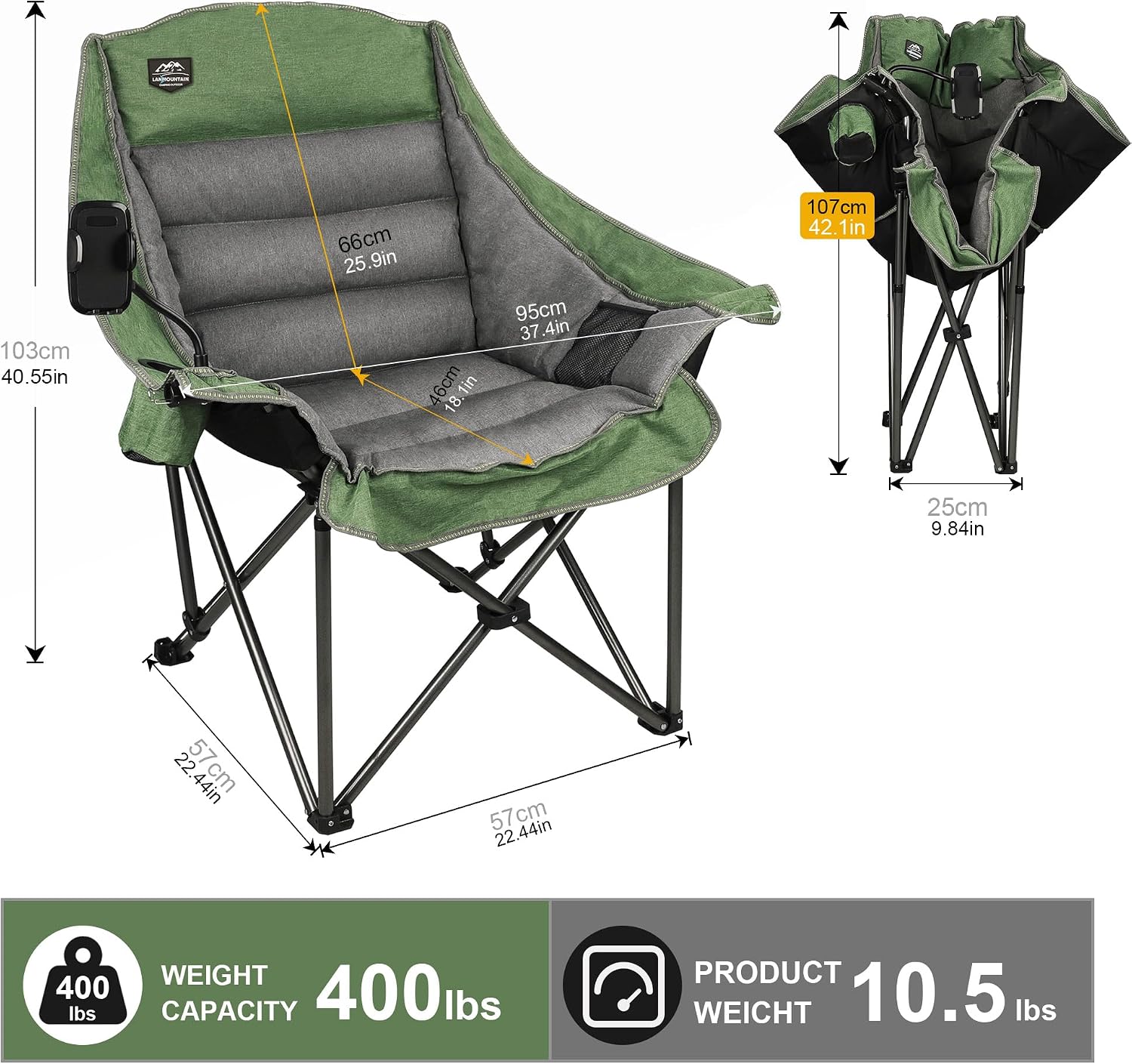 Oversized XL Folding Camping Chair,Heavy Duty Support 400Lbs,Large Comfy Padded Camp Chair for Adults,Lawn Arm Chair w/Cup Holder,Phone Holder,Carry Bag Perfect for Outdoor (Brown