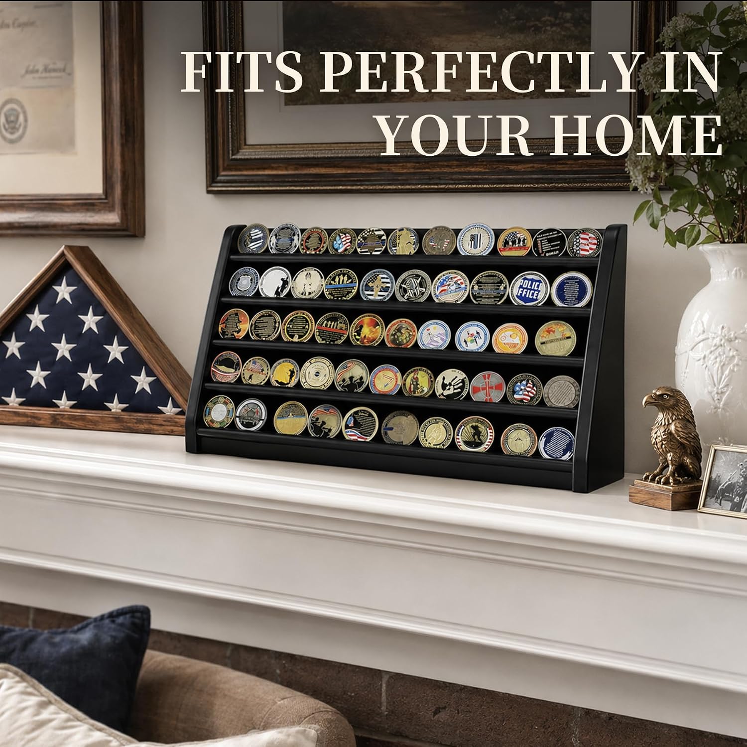 ASmileIndeep 3 Rows Wooden Challenge Coin Wall Display Stand - Military Coin Holder Army Coins Rack, Holds 21-24 Coins, Mahogany