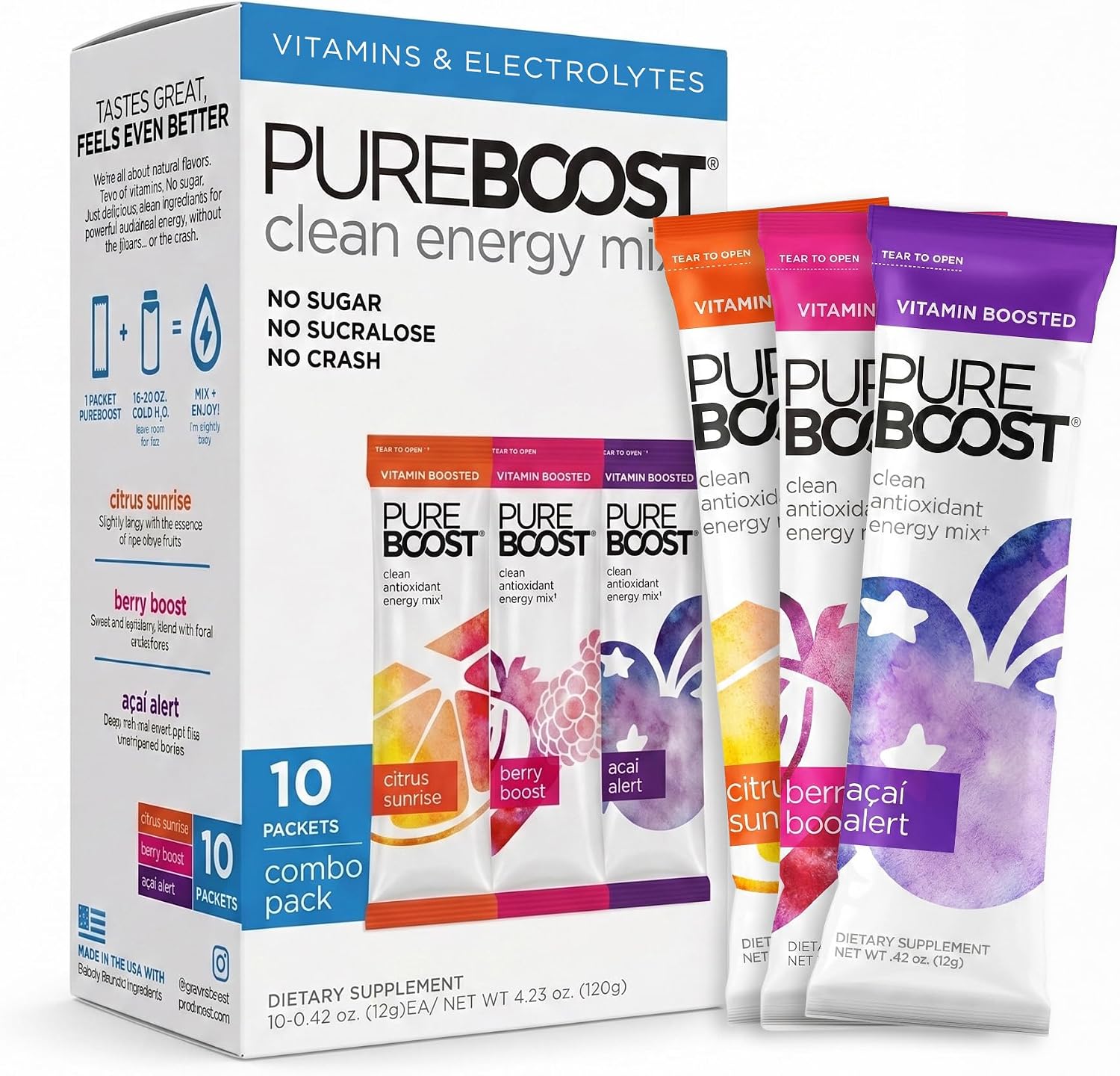Pureboost Sugar-Free Clean Energy Booster Drink Mix, Citrus Sunrise 30ct | B12 vitamins, low sodium electrolytes & antioxidants. 25 vitamins and minerals. No sucralose.