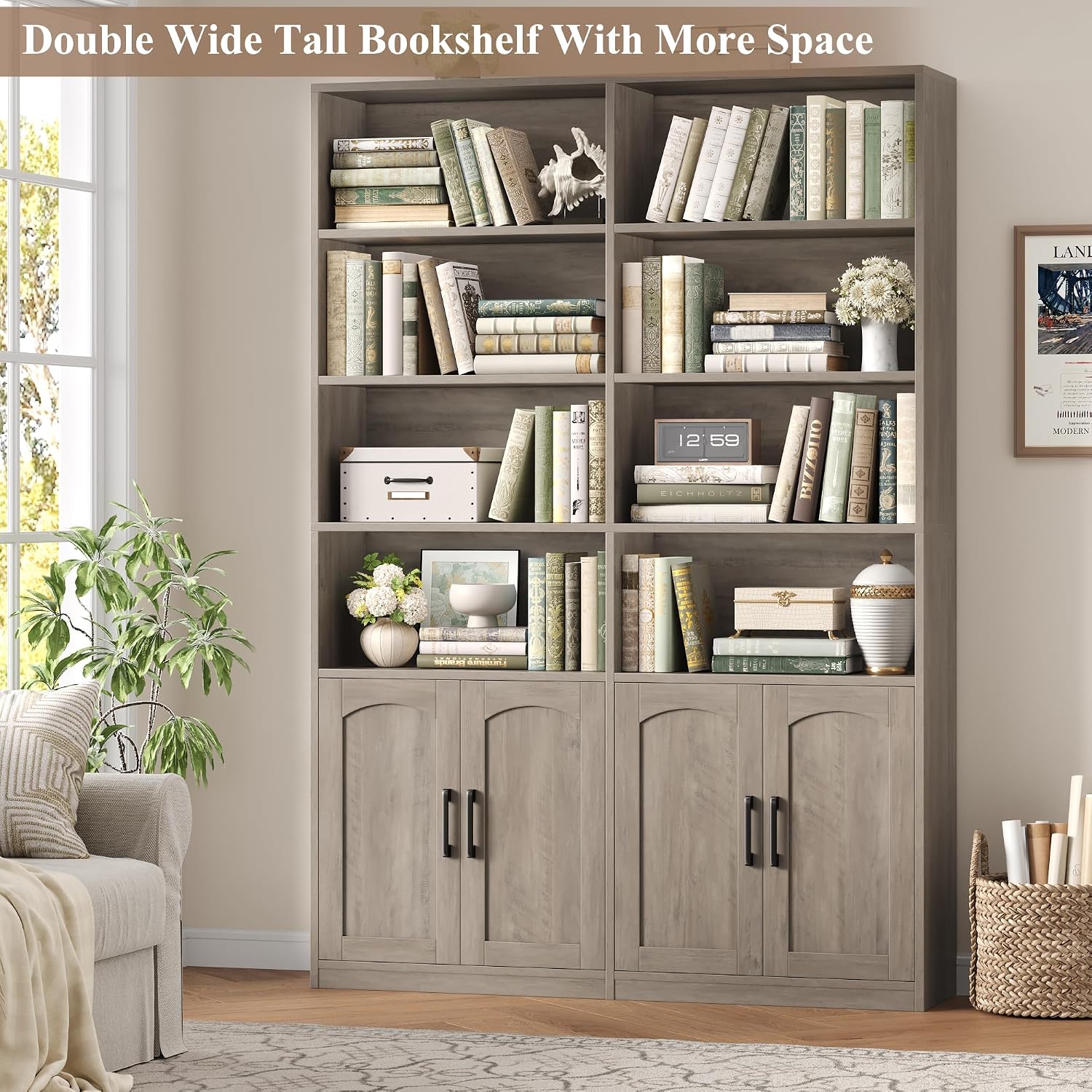 Bookshelf and Bookcase with Doors, Double Wide Large Bookshelves | Industrial Open Display Shelves 6 Tier, 73'' Tall Bookshelf with Storage Cabinets for Office,Home, Living Room, Library,White