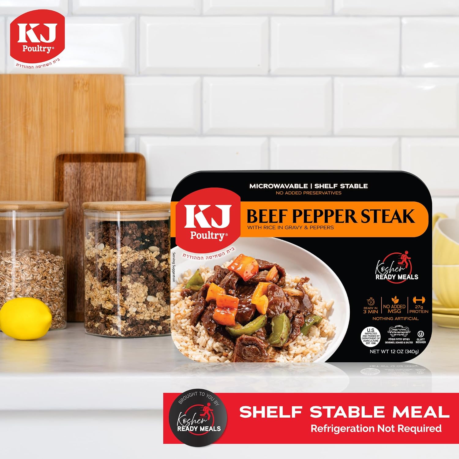 KJ Poultry Kosher Ready Meals - Beef Pepper Steak & Rice, MRE Meat Meals Ready to Eat (1 Pack) Prepared Entree Fully Cooked, Shelf Stable Microwave Dinner Travel, Military, Camping, Emergency Survival