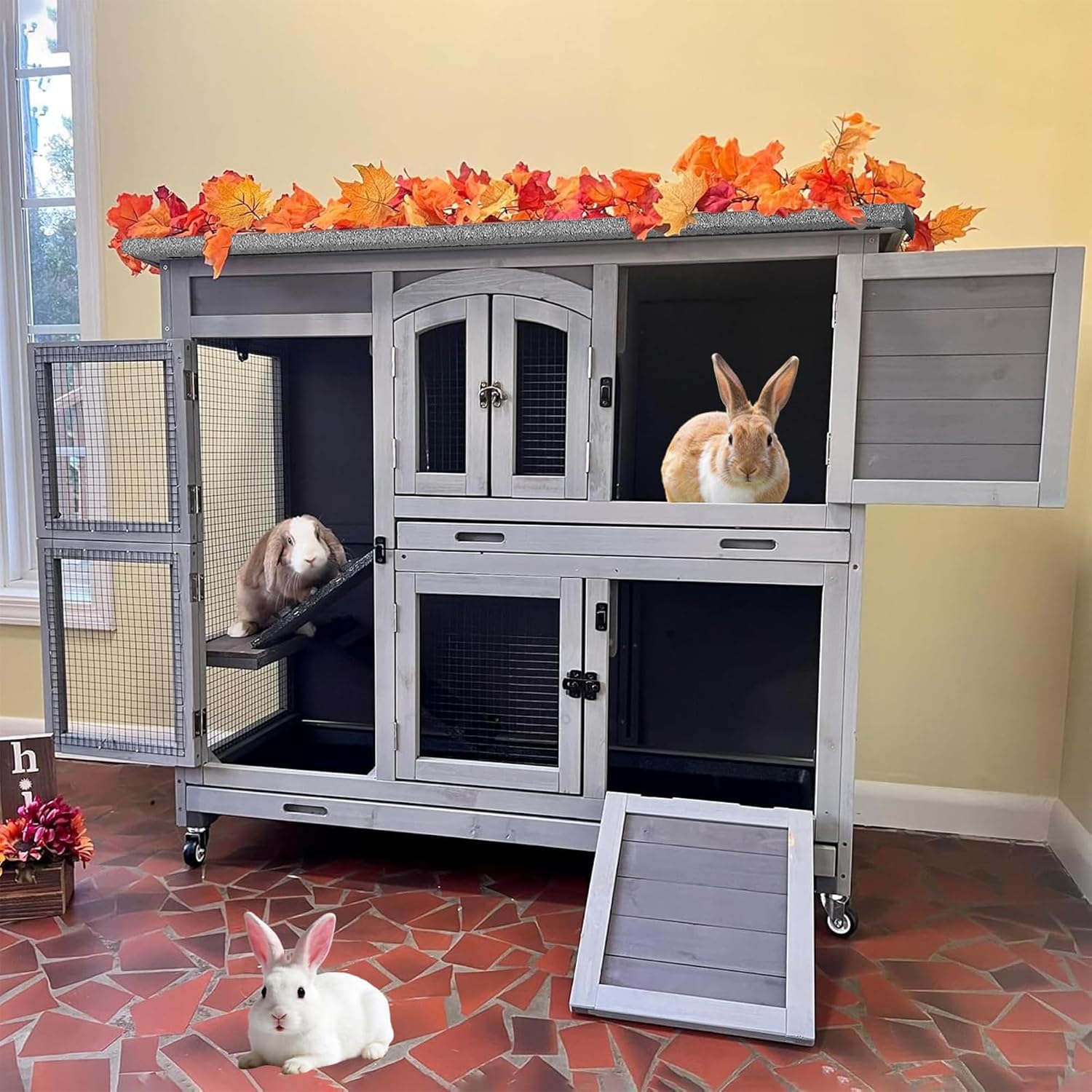 Outdoor Rabbit Hutch Indoor Bunny on Wheels Large Guinea Pig Cage with Run for Any Small Animals,Removable Pull Out Tray