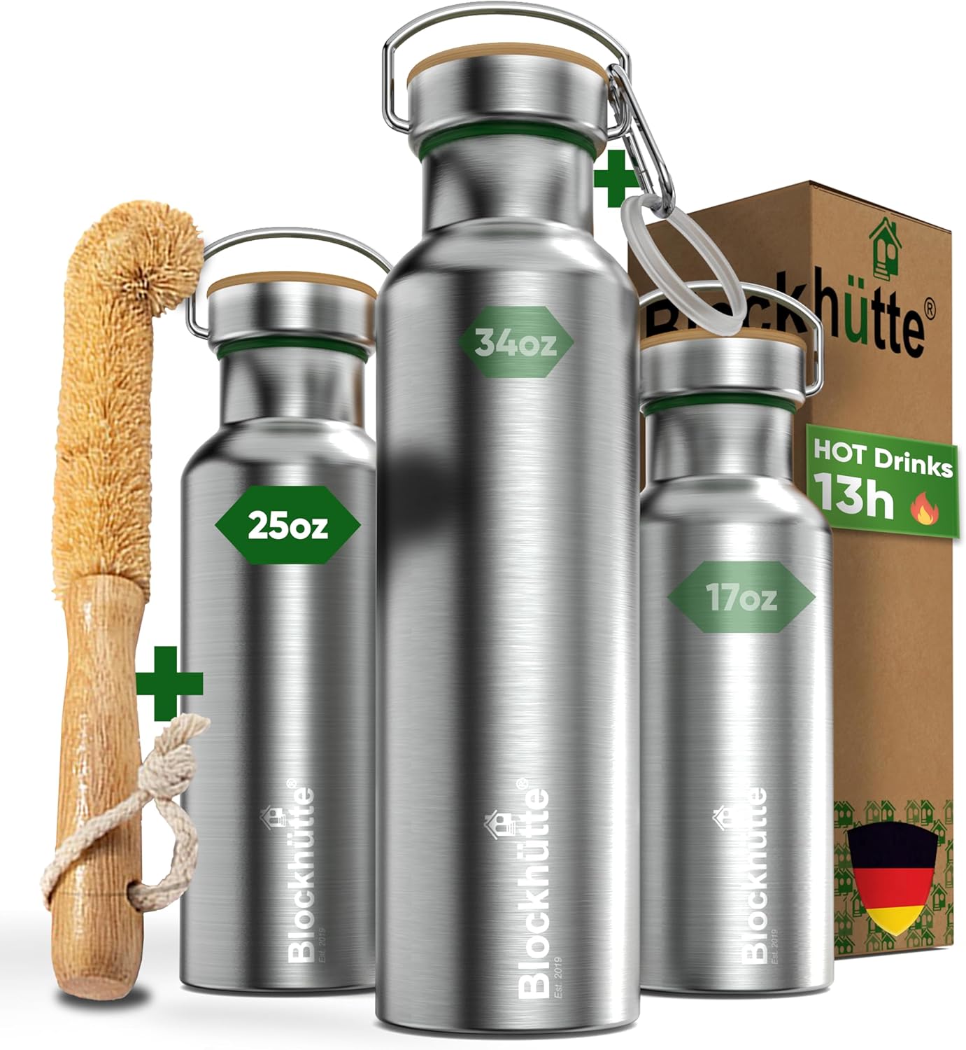 Blockhütte Vacuum Insulated Stainless Steel Water Bottle - 17 oz I Wide Mouth Metal Bottle for hot and cold drinks I BPA-Free I perfect for Travel