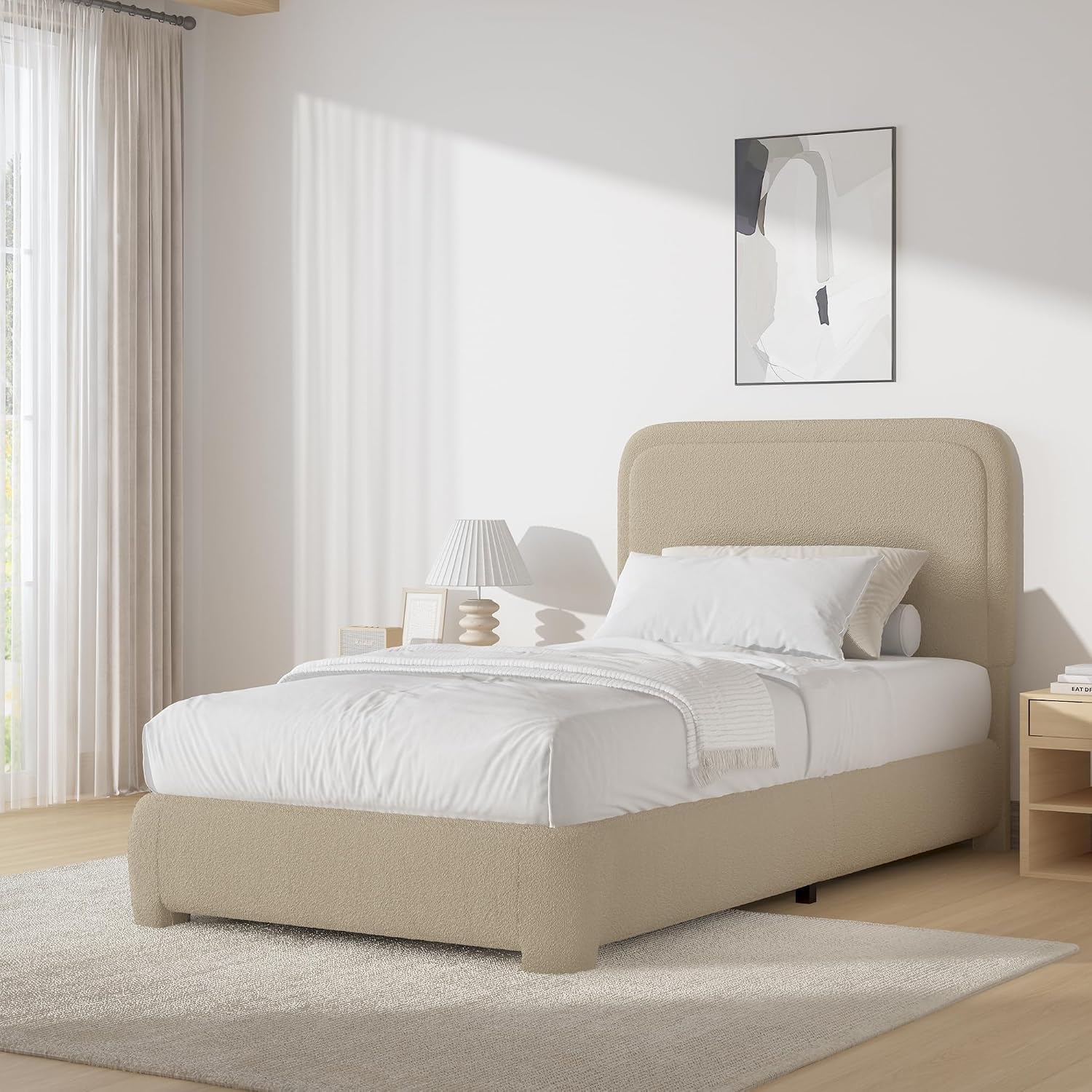 BarnFurin Full Bed Frame, Cloud Boucle Headboard, Rounded Corners, White | Soft boucle and rounded edges create a low-profile cloud look. Wooden slats support the mattress without a box spring