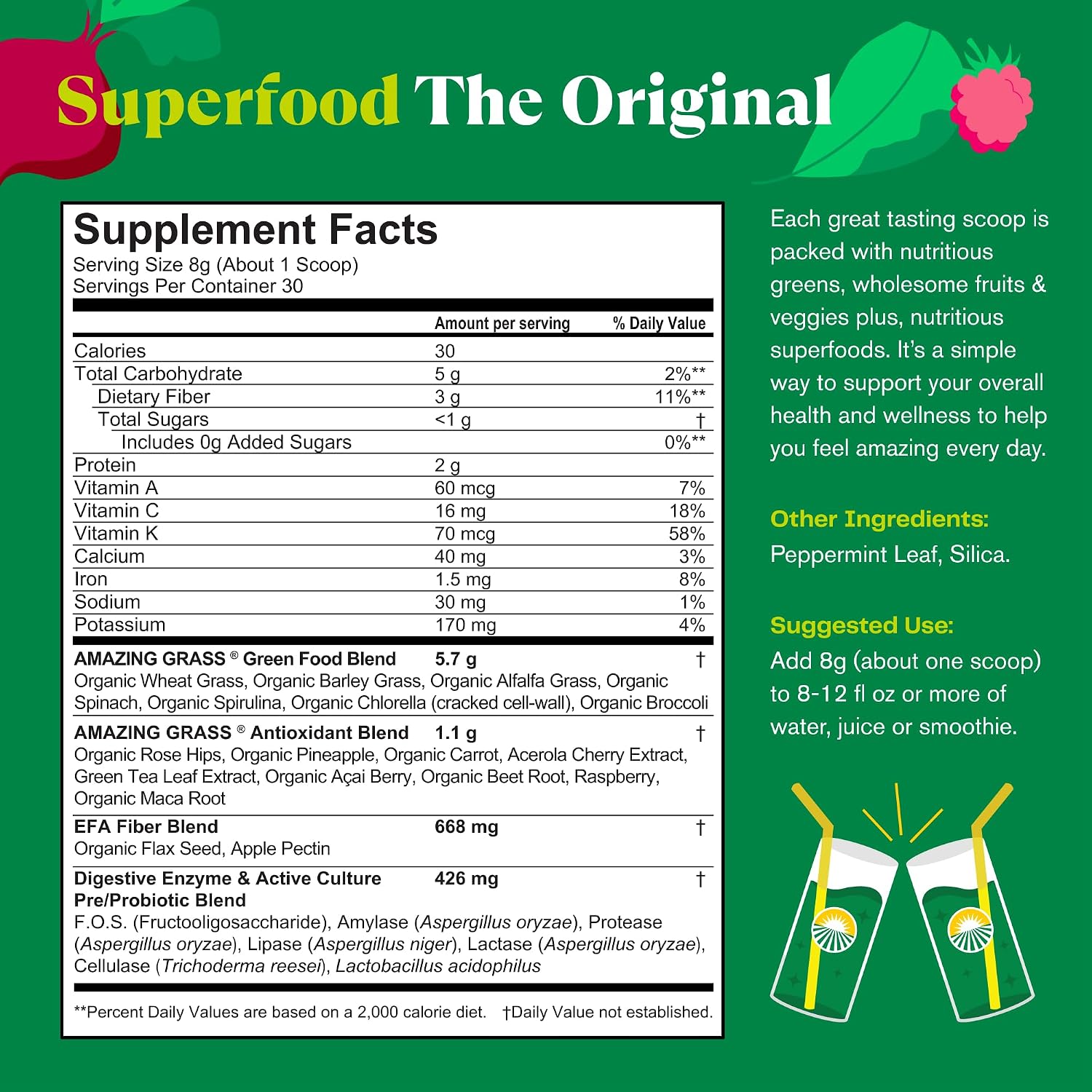 Amazing Grass Super Greens Powder Original, 60 Servings, 16.9 oz | Organic Greens Superfood Powder with Spirulina, Beet Root, Probiotics & Digestive Enzymes to Support Digestion