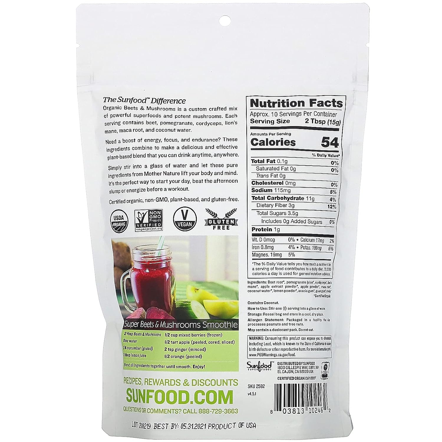Sunfood Superfoods Organic Beets & Mushrooms for Men & Women - Mushroom & Beet Root Juice Powder with Lions Mane & Cordyceps