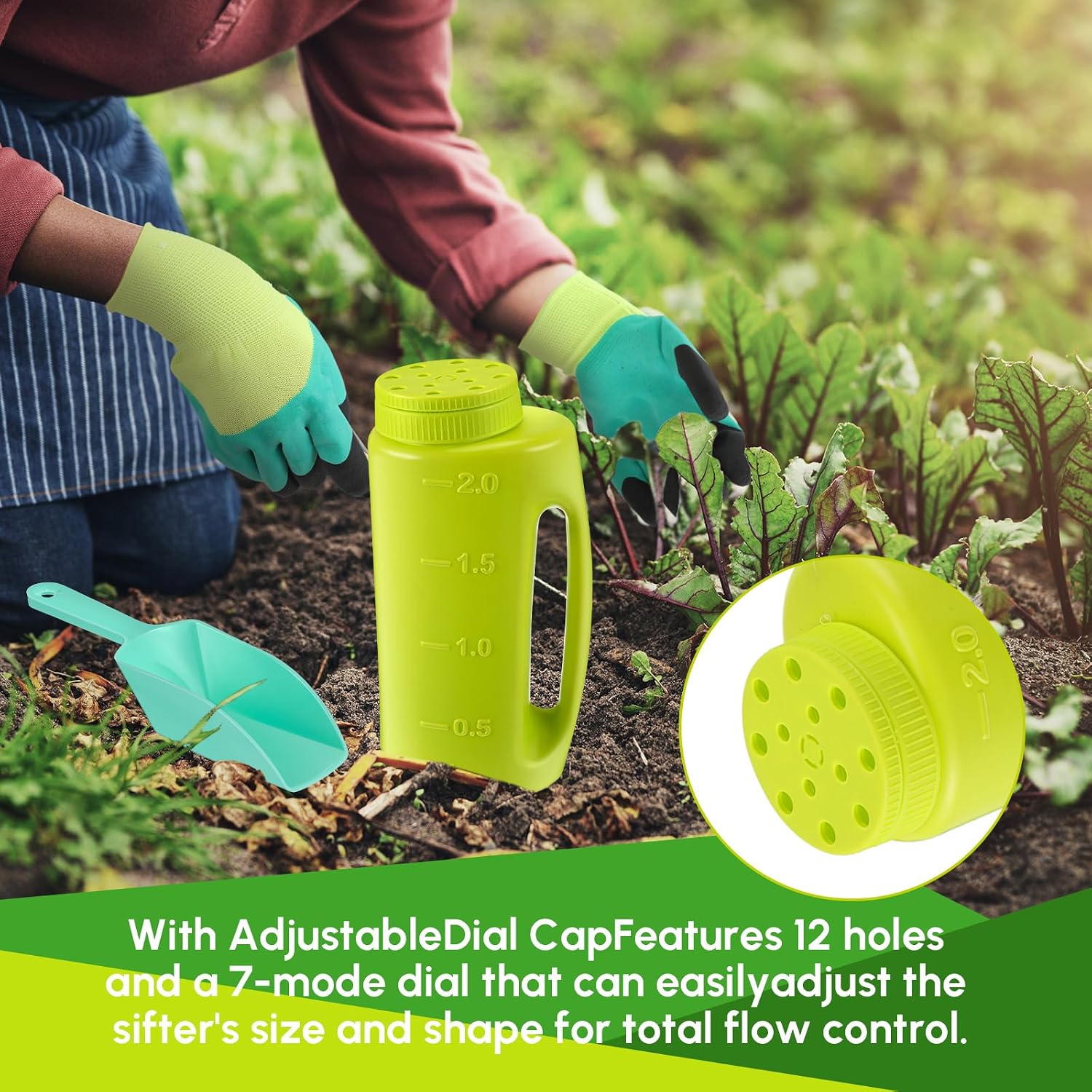 Handheld Spreader Set with Scoop & Gloves for Seed, Salt, De-icer,Green
