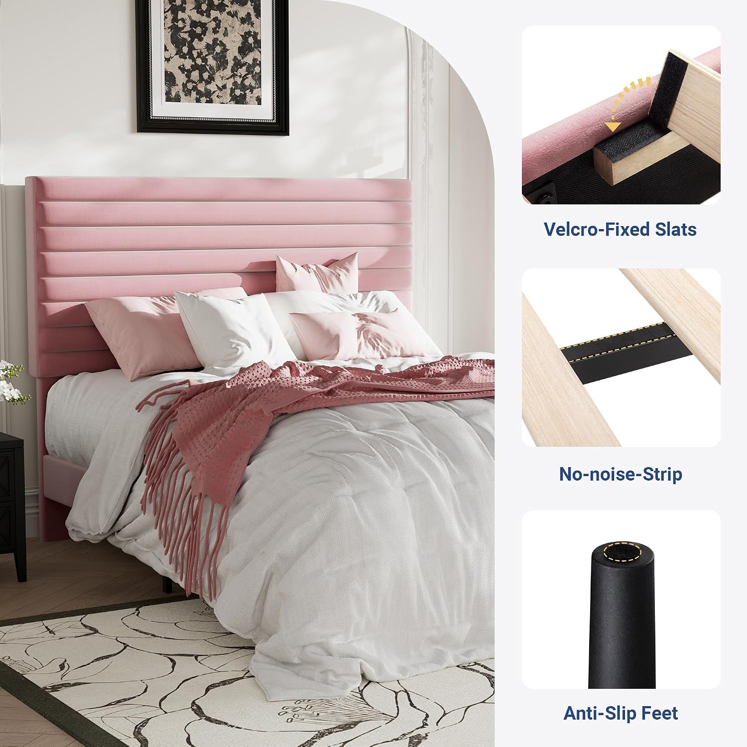 Allewie Queen Bed Frame, Velvet Upholstered Platform Bed with Adjustable Headboard, Horizontal Channel Design, Wood Slat Support, No Box Spring Needed, Noise Free, Easy Assembly, White