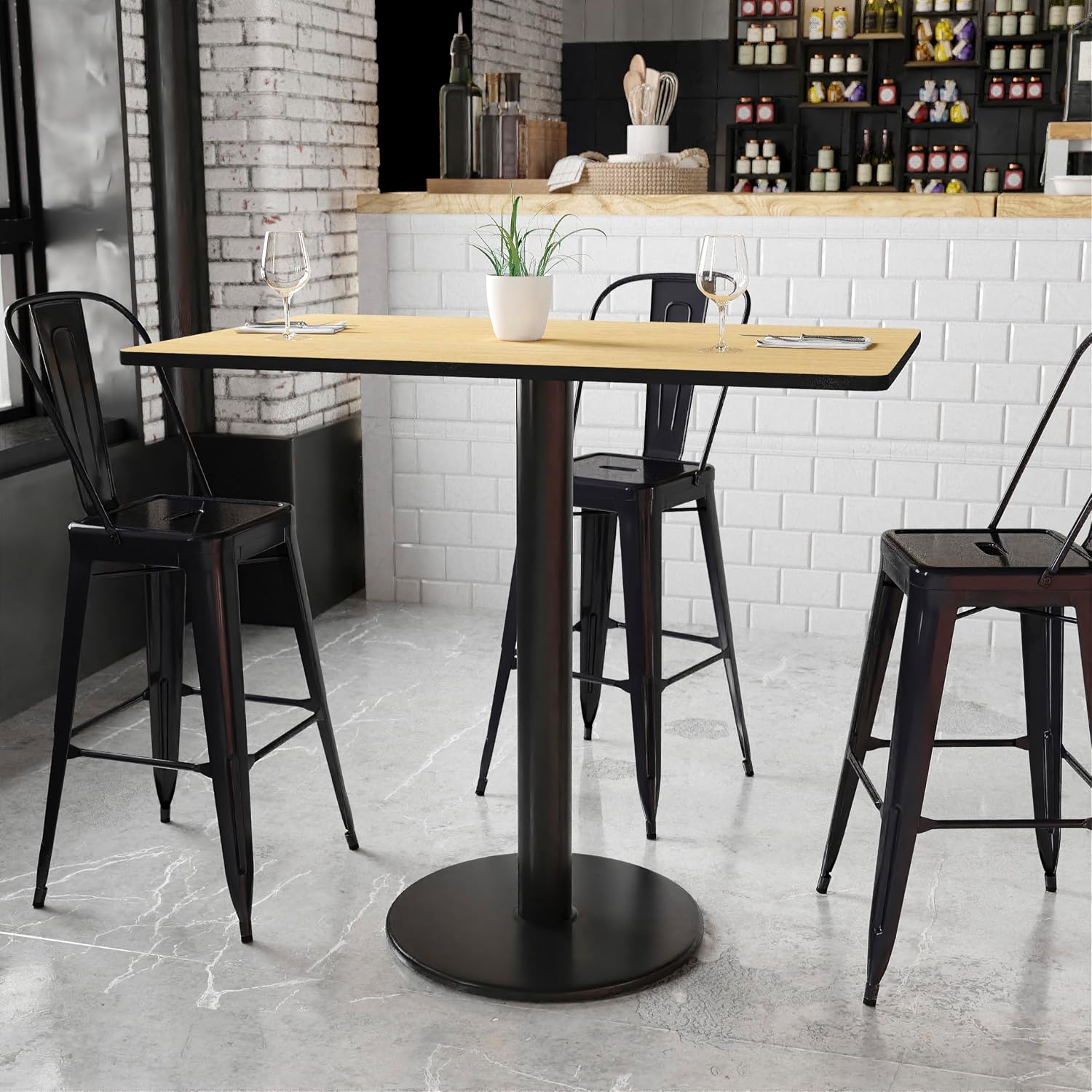 Flash Furniture 48x30" Rectangular Table and 24" Round Base, Walnut | Bar Height, Laminate, Durable Construction, Commercial Use
