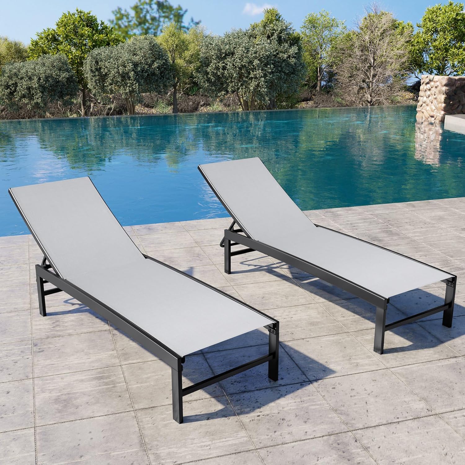 Crestlive Products Outdoor Pool Lounge Chairs Set of 2 with Side Table, Adjustable Five-Position Recliner for Beach, Pool, Sunbathing, Lawn