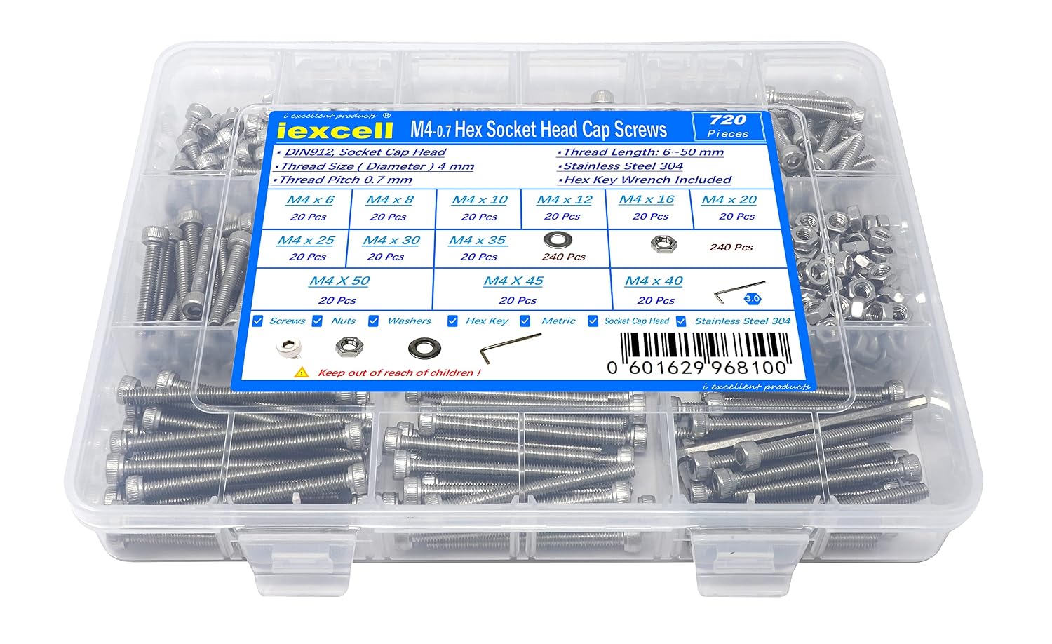 iexcell 20 Pcs M8 x 30/35/40/45/50 mm Stainless Steel 304 Hex Socket Head Cap Screws Bolts Assortment, Fully Threaded