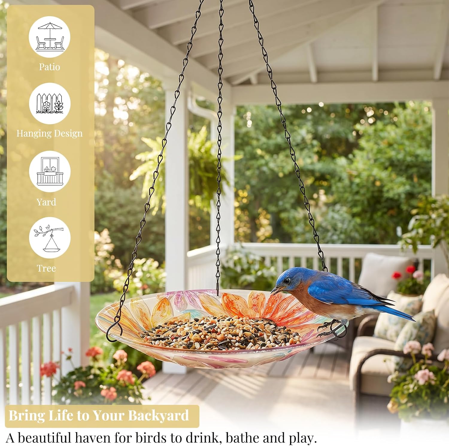 VCUTEKA Hanging Bird Baths Outdoor Glass Birdbath Feeder for Garden Decor