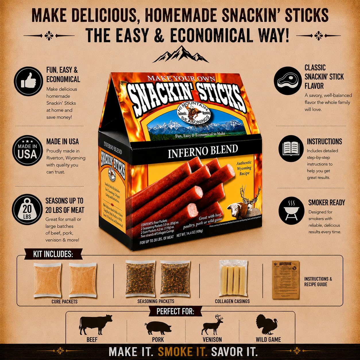 Hi Mountain Snack Stick Seasoning Kit | ORIGINAL | Makes 20 lbs | Complete Snack Stick Kit, Seasoning, Cure, Casings, & Directions Included, For Beef, Deer, Elk, Venison & Wild Game Meat