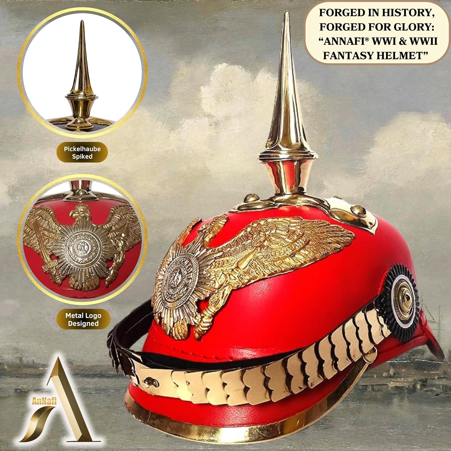 AnNafi Red German Pickelhaube Helmet, Leather Pickelhauben Imperial Prussian Helmet, Brass Military Officer Spiked Men’s Costume